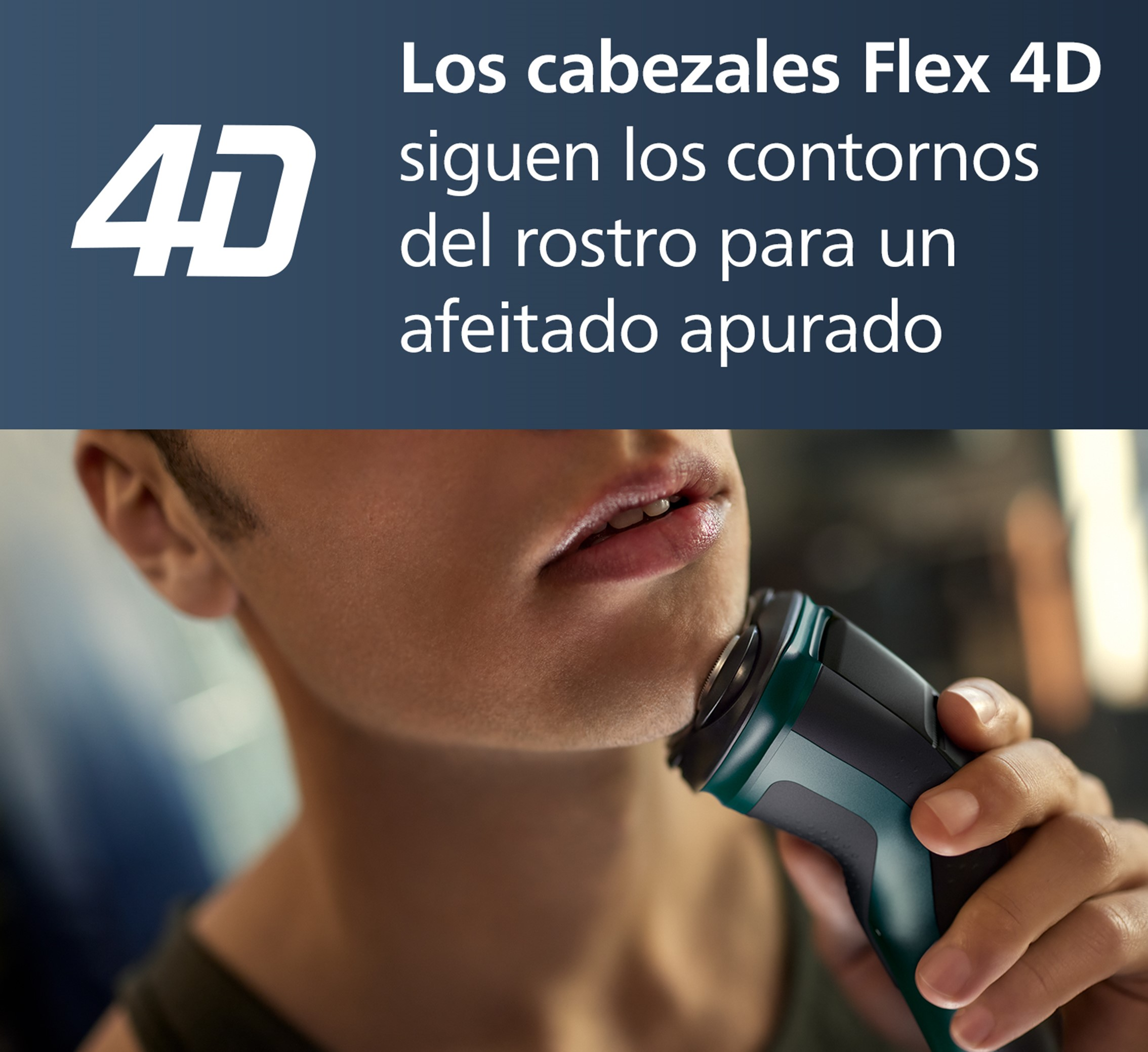 Cara de hombre afeitándose con una afeitadora eléctrica, con el texto Los cabezales Flex 4D.
