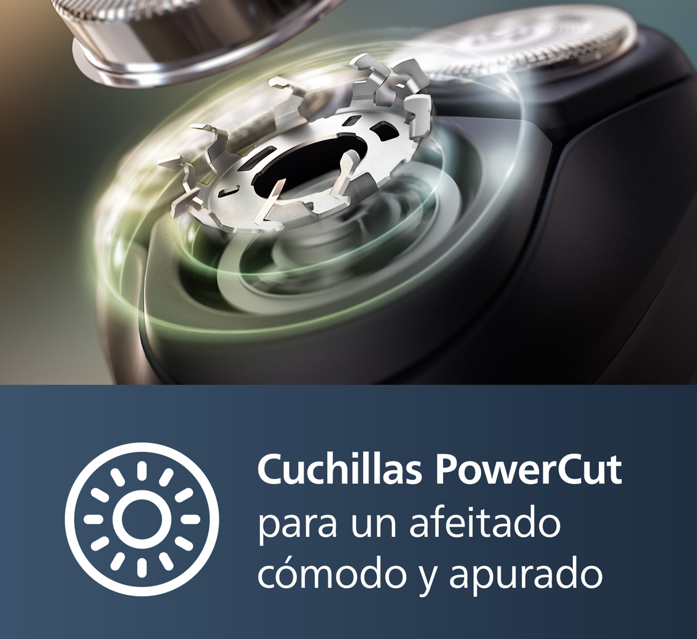 Primer plano de un cabezal de afeitadora con cuchillas de corte. El fondo es negro con texto.