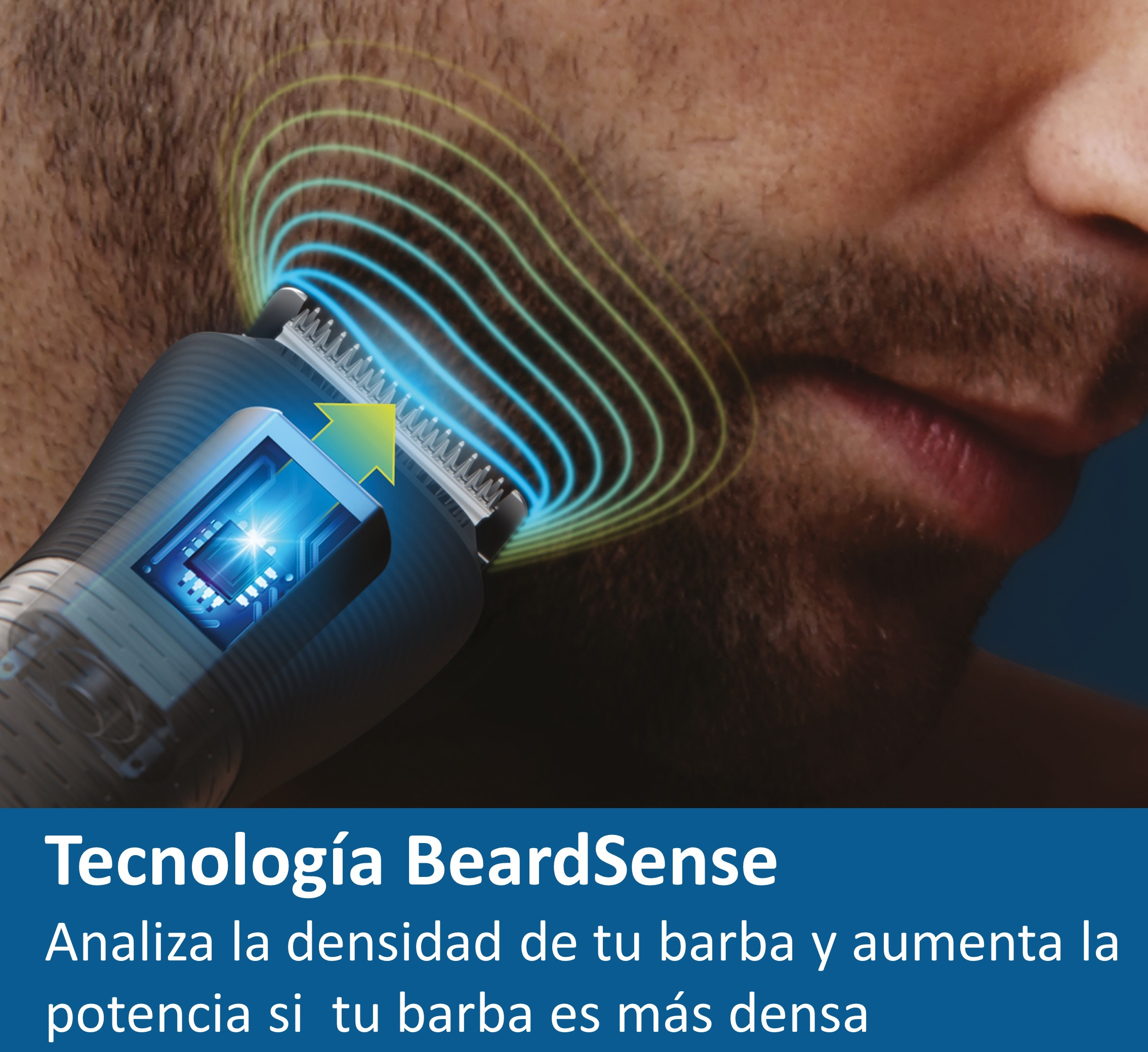 Primer plano del rostro de un hombre afeitándose. Las líneas muestran la densidad de la barba y la afeitadora.