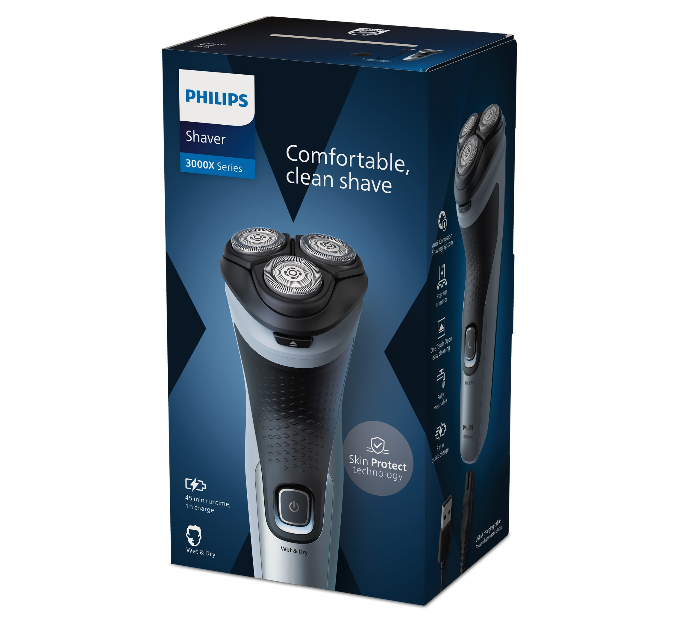 Afeitadora eléctrica en caja con tres cabezales giratorios y el nombre del producto 'Philips Shaver'.