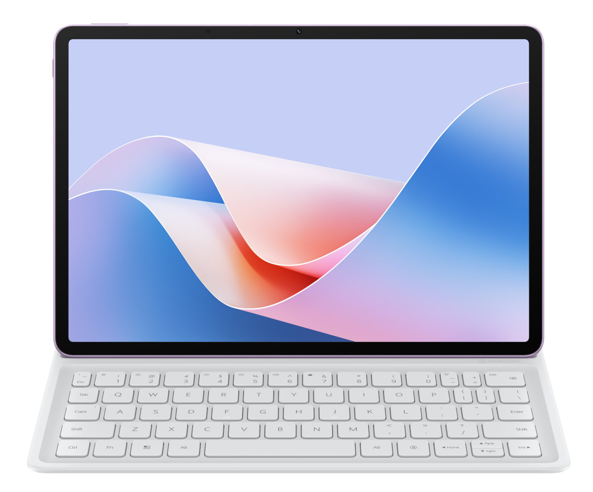 Tablet z klawiaturą. Wyświetlacz pokazuje abstrakcyjny obraz w kolorze niebieskim, białym i różowym.