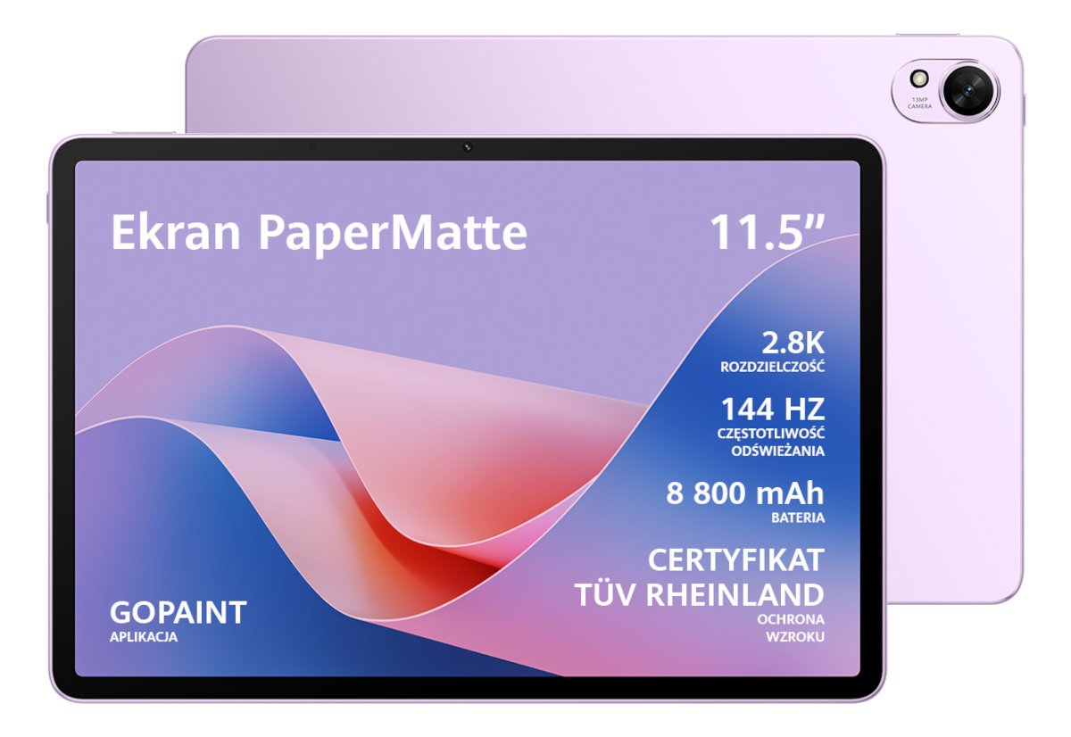 Tablet, kolor lawendowy, z tekstem o jego funkcjach.