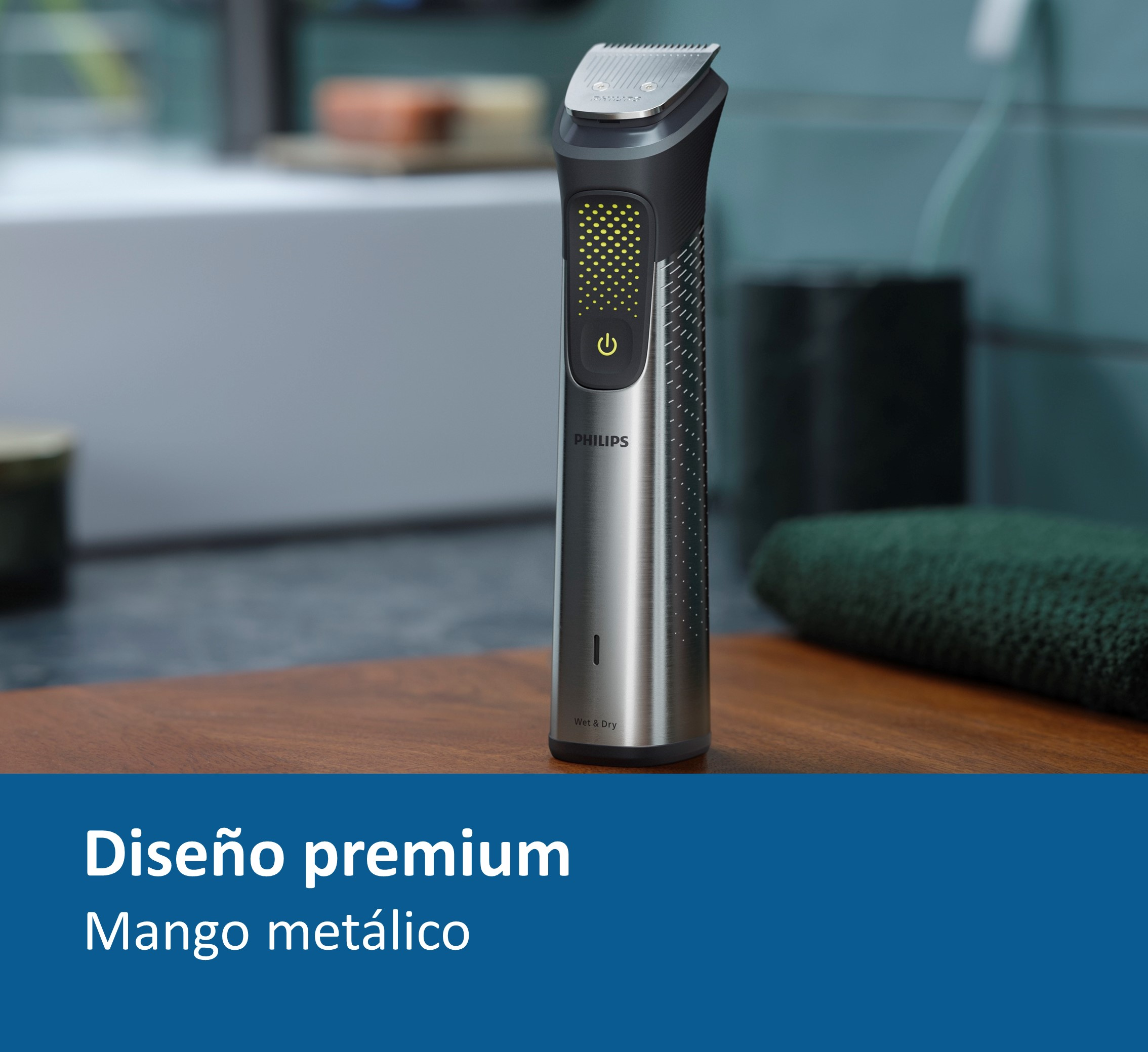 Recortador eléctrico plateado sobre superficie de madera. Texto: Diseño premium, mango metálico. Fondo turquesa.