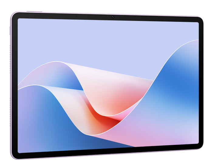 Tablet z fioletową ramką i ekranem wyświetlającym niebiesko-fioletowe faliste tło.