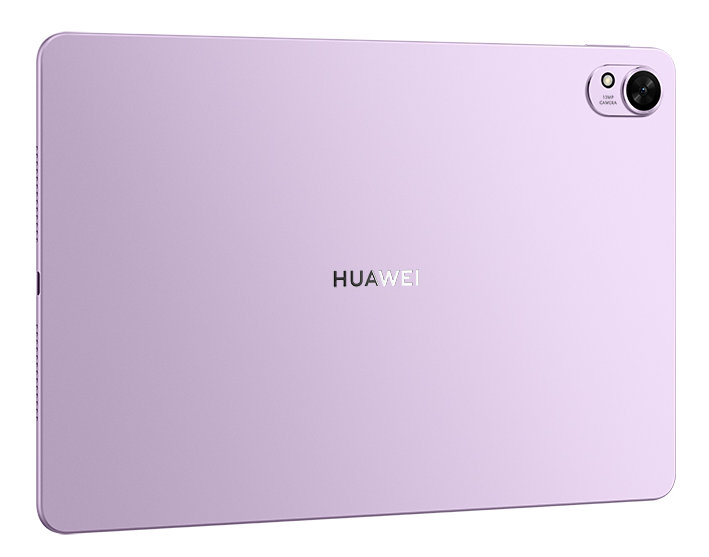 Fioletowy tablet Huawei, widok z tyłu z aparatem i logo.