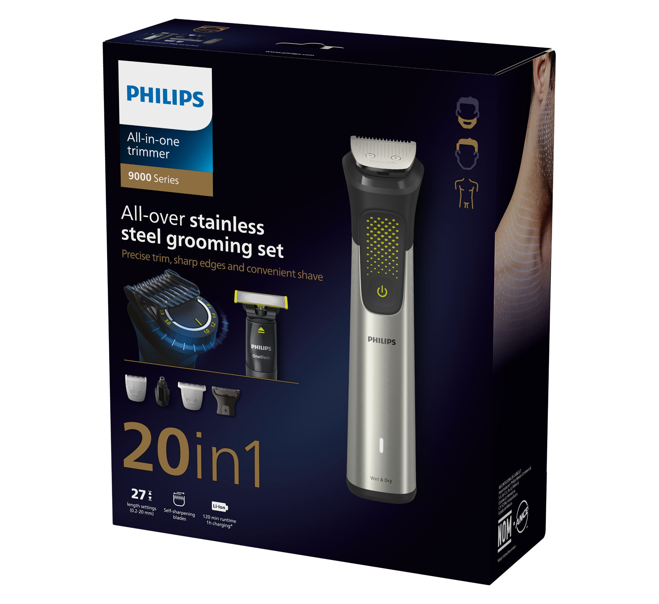 Juego de caja de recortadora Philips todo en uno. Recortadora plateada con accesorios y una caja negra.