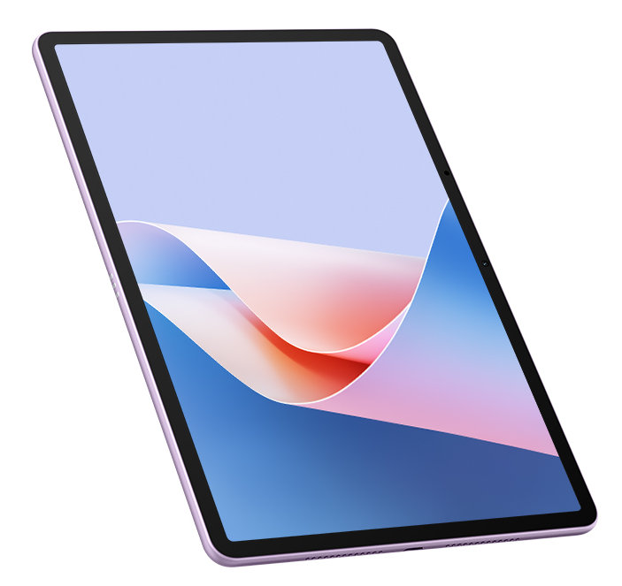 Tablet z jasnofioletową ramką i ekranem z kolorową grafiką.