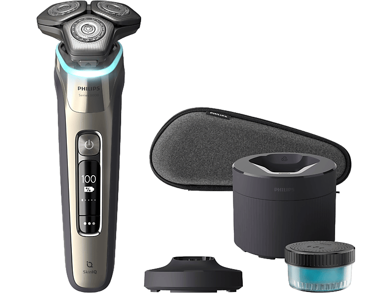 Afeitadora - Philips S9900 S9983/55, eléctrica, Seco y mojado, Sensor de presión, Base limpieza, Cortapatillas, estuche viaje, Plata
