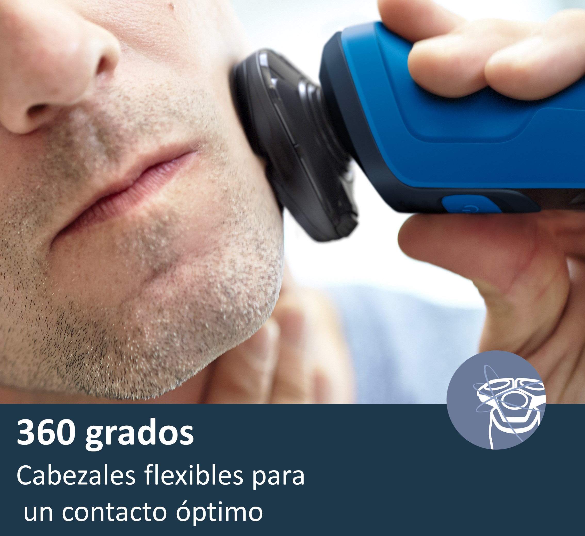 Hombre afeitándose con una afeitadora azul y negra; texto.