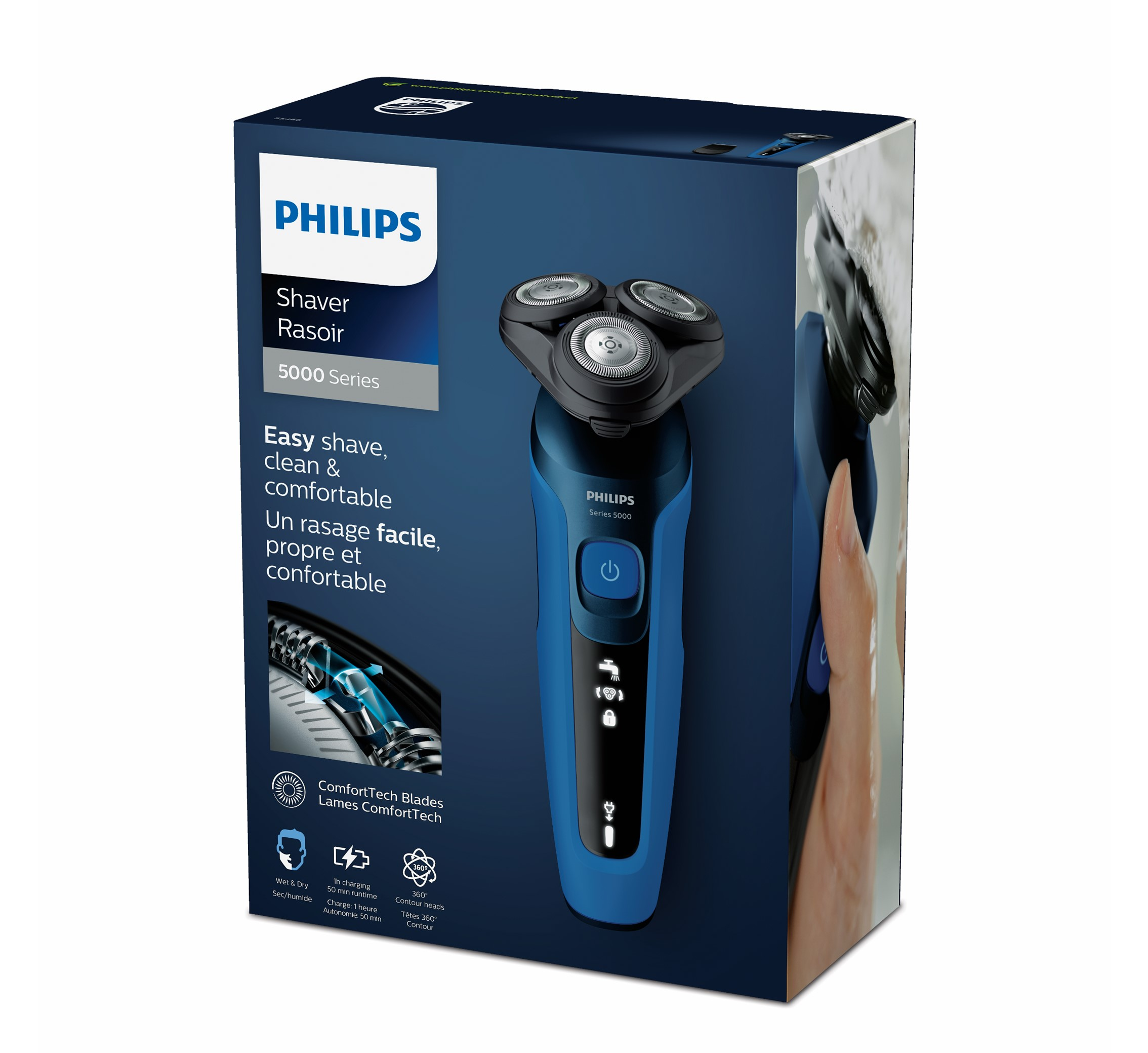 Una afeitadora Philips en una caja. La afeitadora es azul y plateada. Texto: Afeitado fácil, limpio y cómodo.