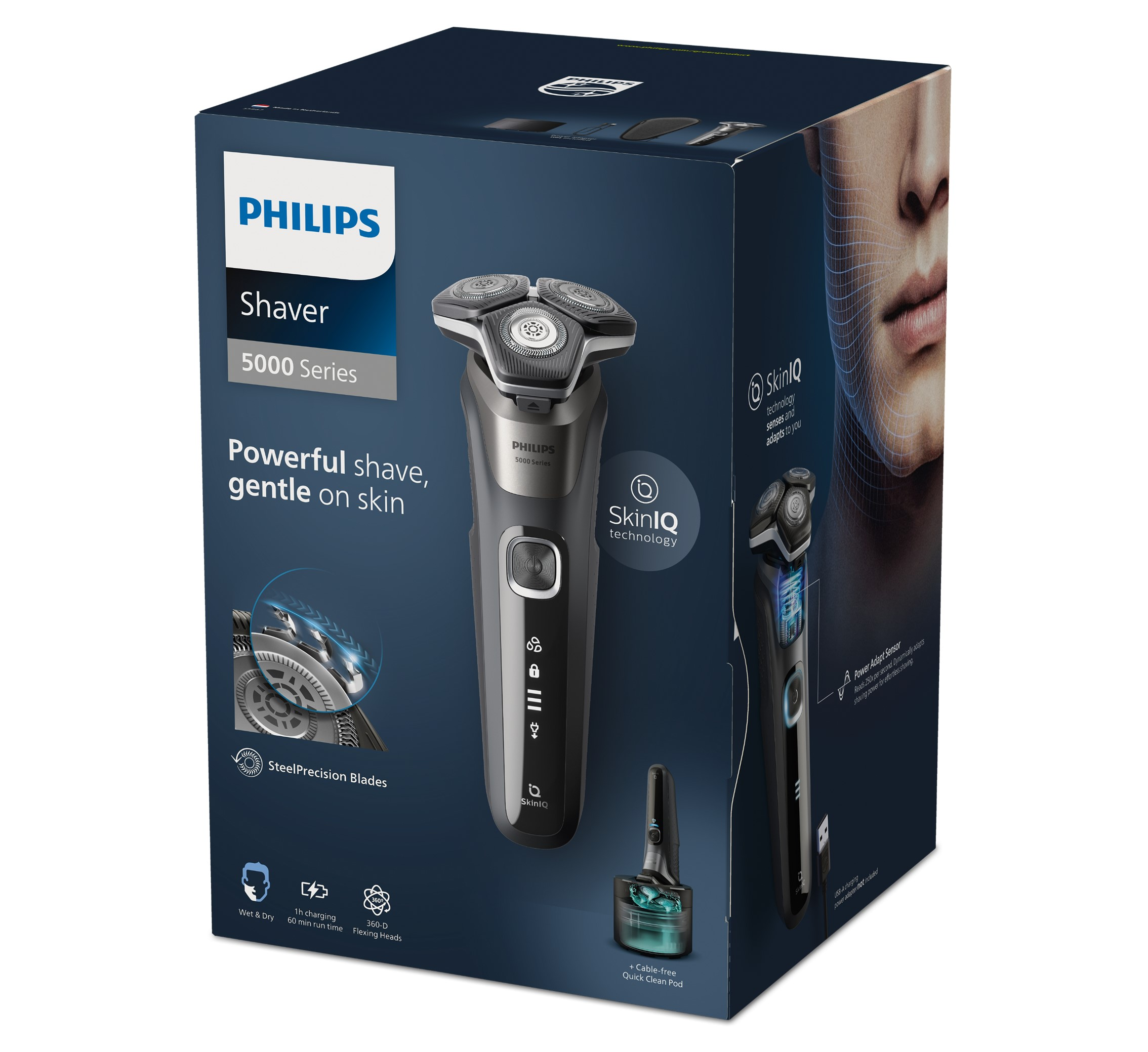 Caja de afeitadora Philips con el dispositivo dentro, mostrando características y diseño. Fondo blanco.
