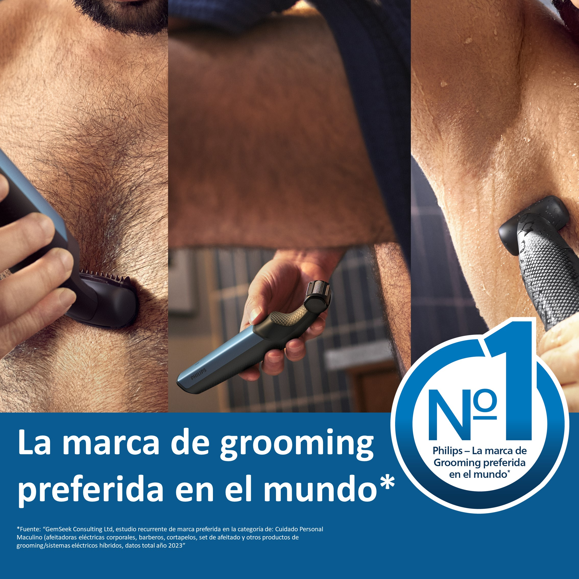 Un collage de tres imágenes que muestran a un hombre usando un dispositivo de aseo, con una superposición de texto que indica que la marca es preferida.