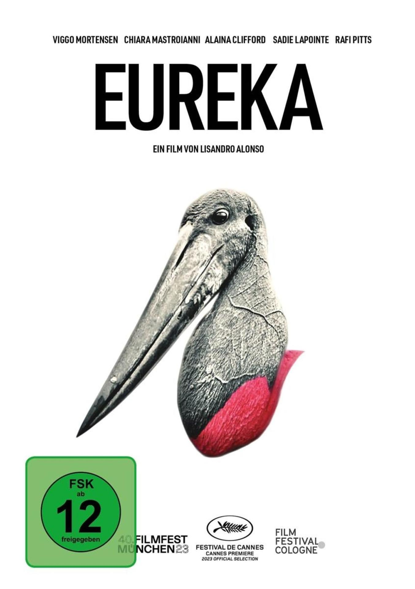 Filmplakat für Eureka, mit einem Vogel mit langem Schnabel und rotem Körper, und Text auf weißem Hintergrund.