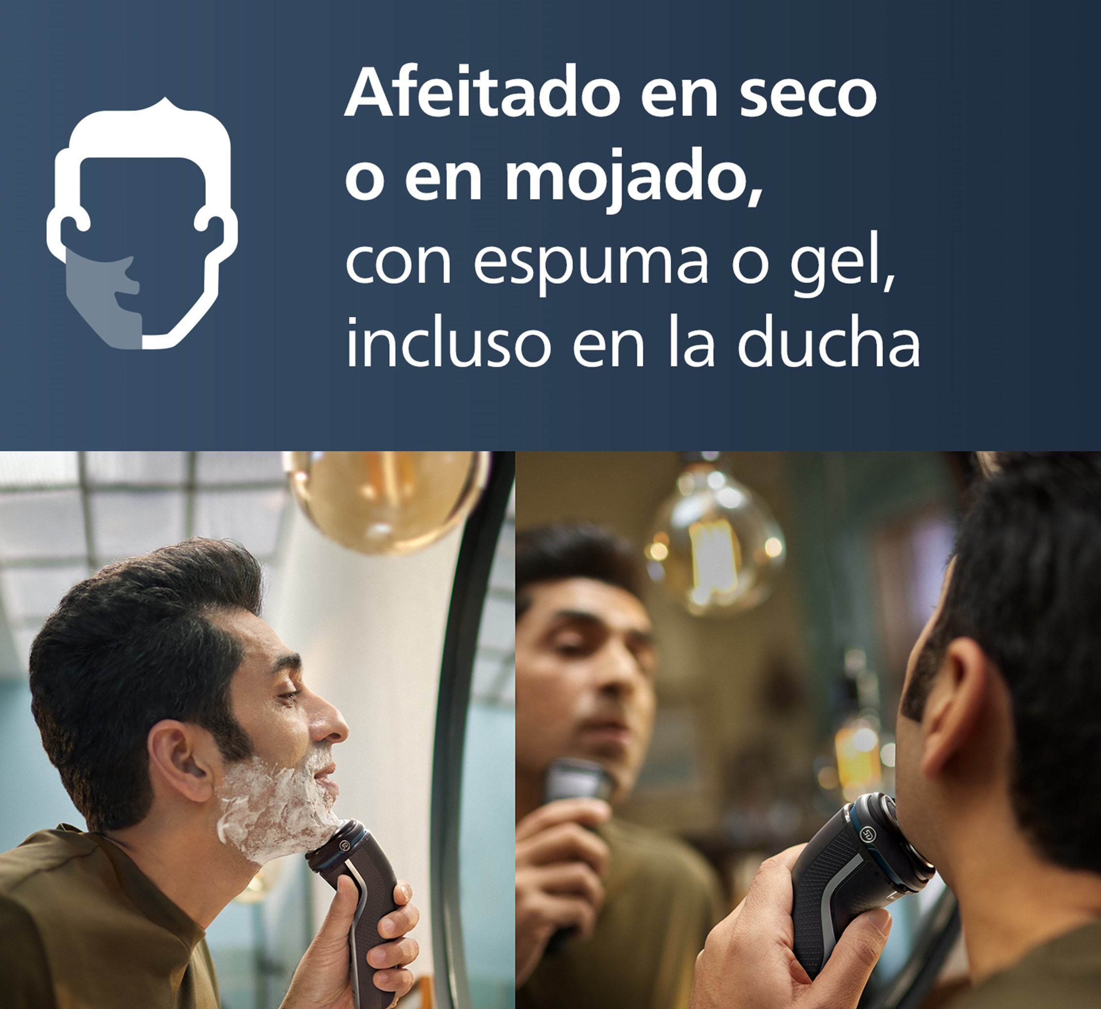 Dos hombres afeitándose con afeitadoras eléctricas. Uno con espuma.