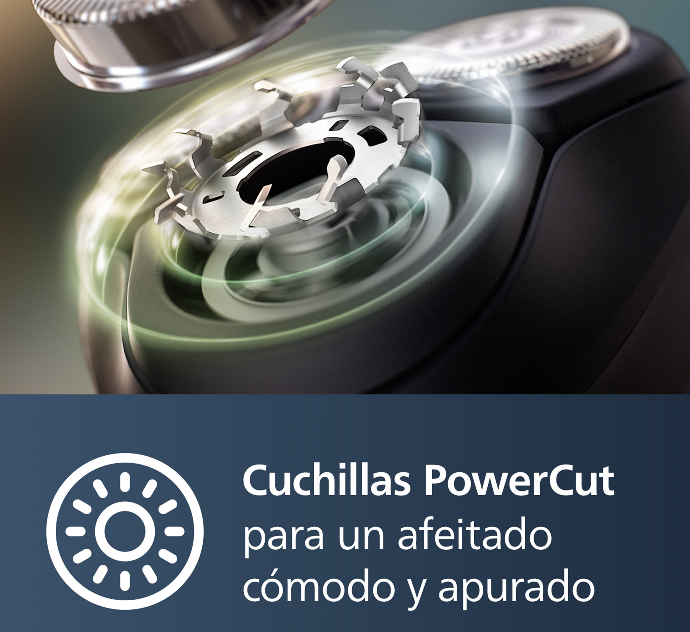 Primer plano de cuchillas con diseño circular y texto: 'Cuchillas PowerCut para un afeitado apurado'.