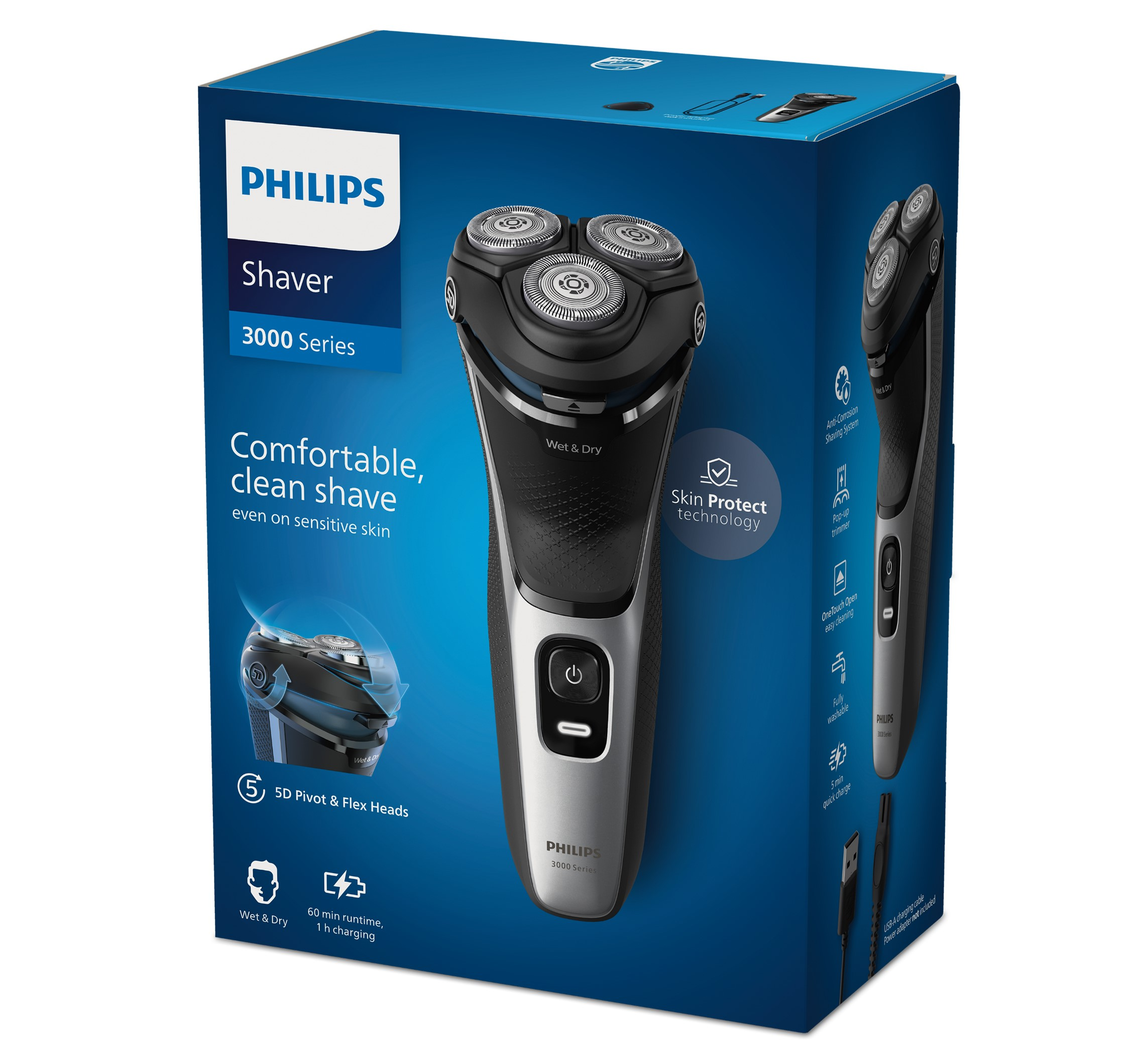Caja de afeitadora Philips con detalles del producto. La afeitadora se muestra junto a la caja. Texto: Afeitado cómodo y limpio.