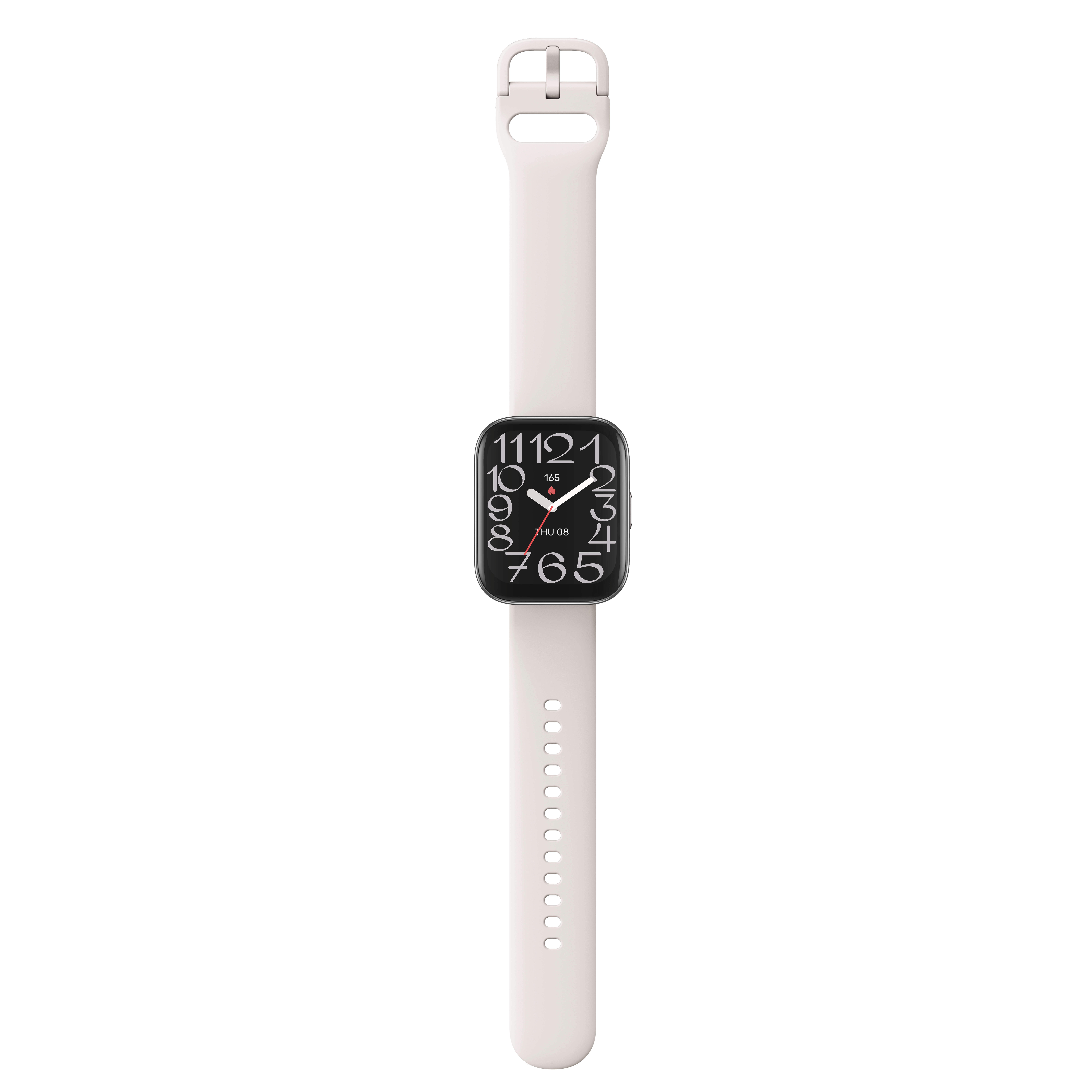 Un reloj inteligente blanco con esfera negra y correa blanca sobre fondo negro.