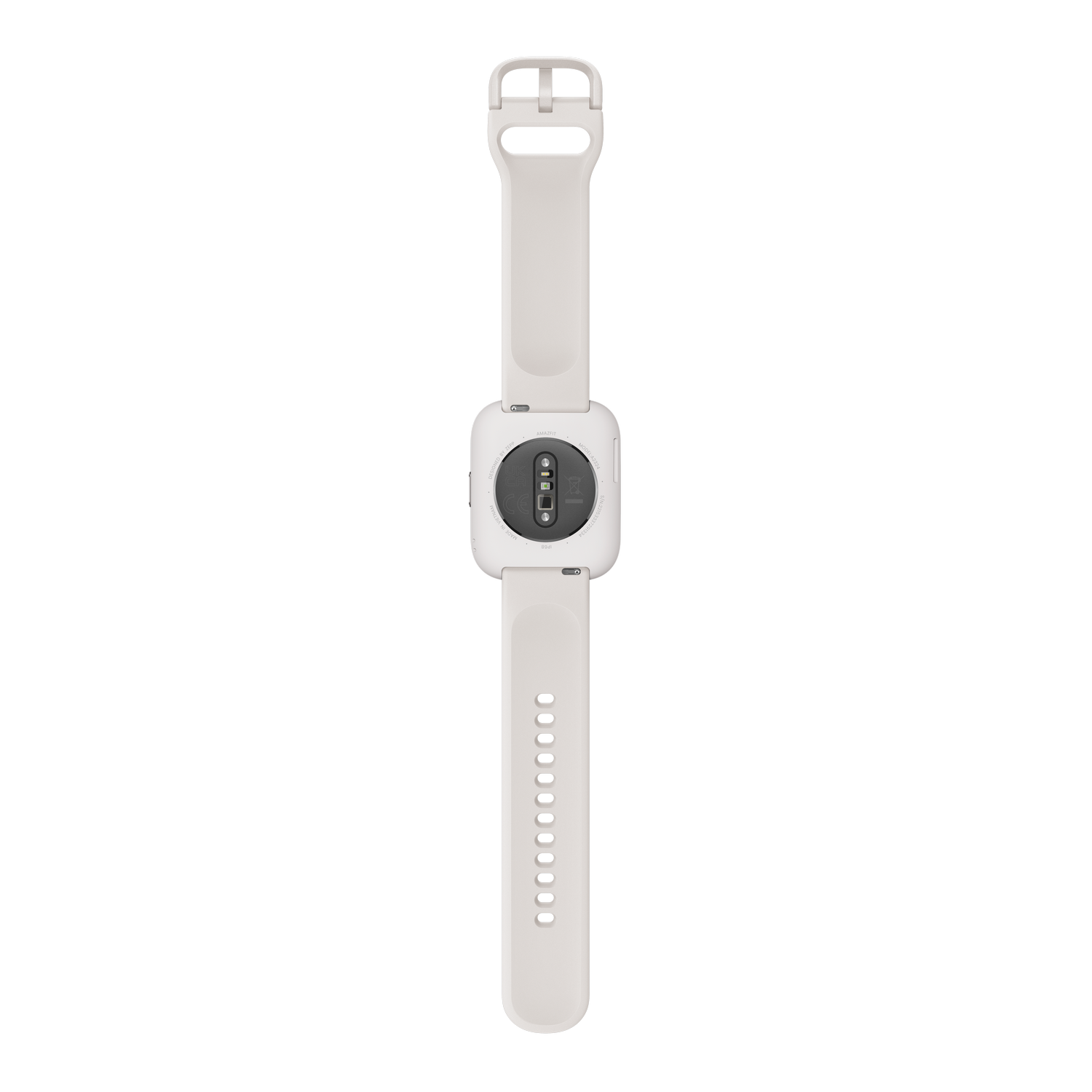 Smartwatch blanca, vista trasera. La correa está conectada al cuerpo principal del reloj.
