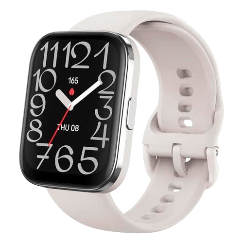 Un smartwatch con una correa blanca. La pantalla negra muestra la hora y la fecha.