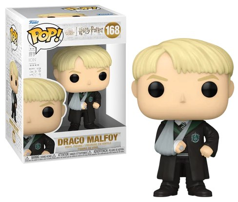 Una figura Funko Pop de Draco Malfoy de Harry Potter en una caja. Draco tiene un brazo roto.