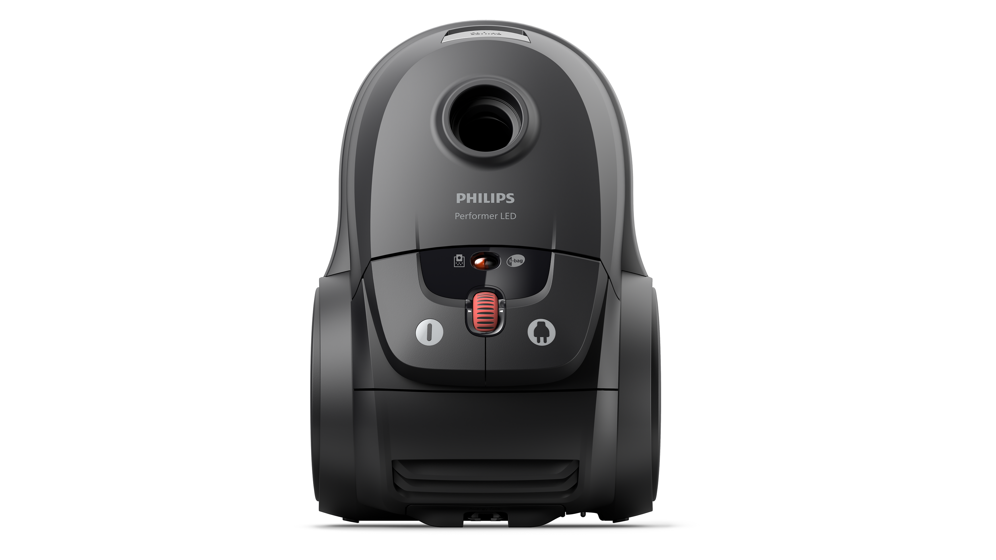 Egy fekete Philips porszívó egyszerű dizájnnal, fehér háttér előtt.