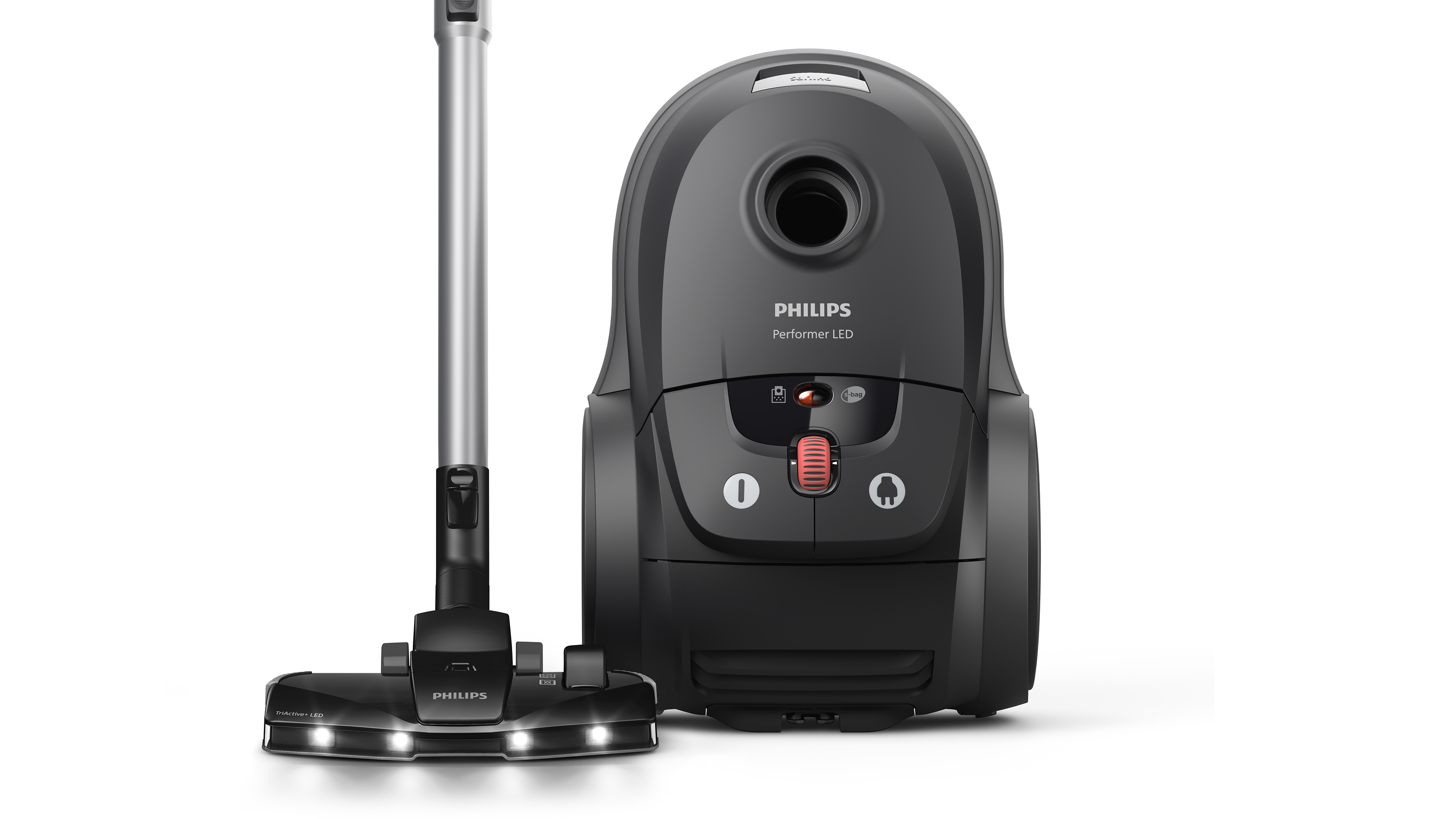 Egy fekete Philips Performer LED porszívó tartozékokkal, fehér felületen izolálva.