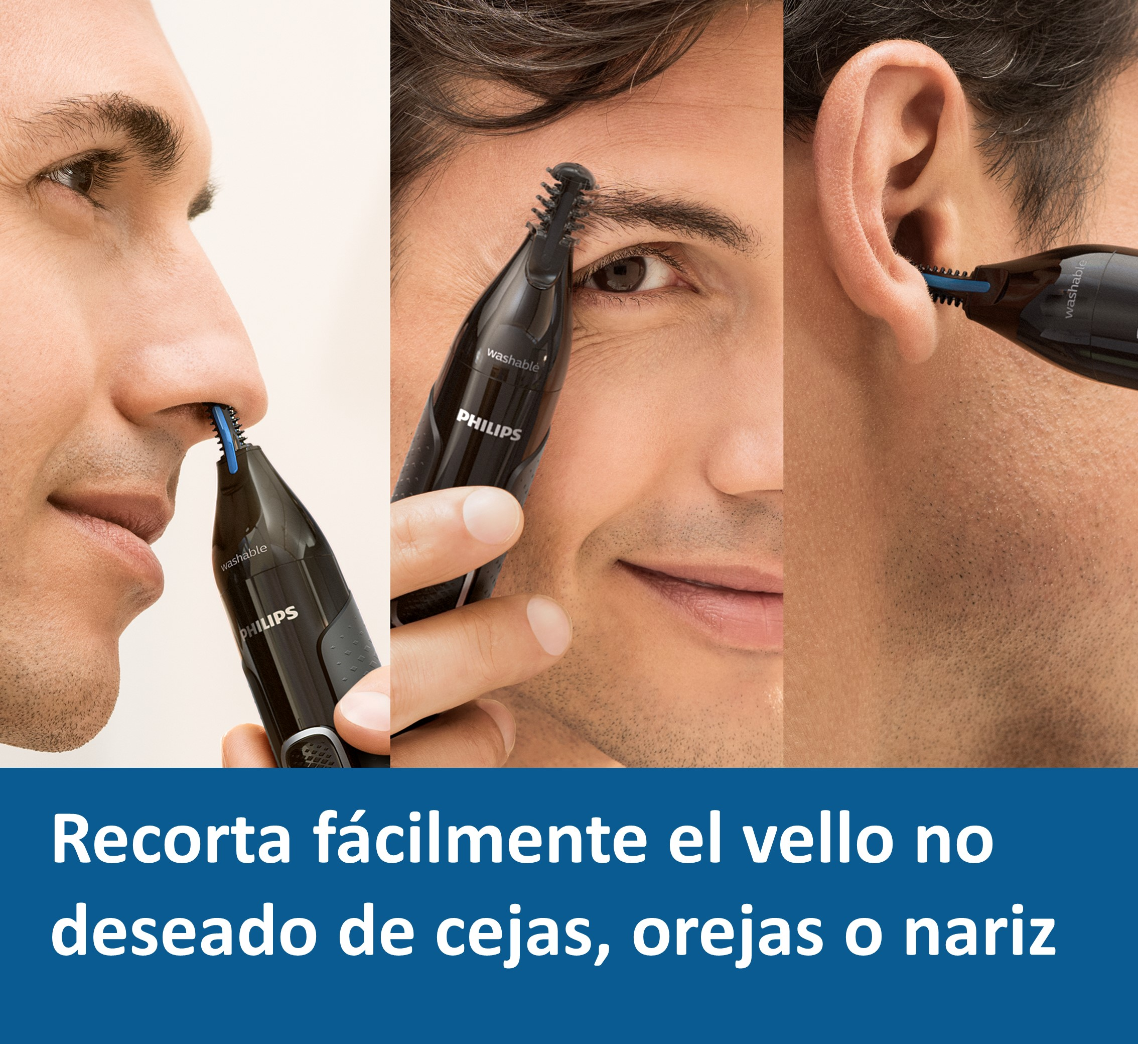 Tres imágenes de un hombre recortando el vello de la nariz, las cejas y las orejas.