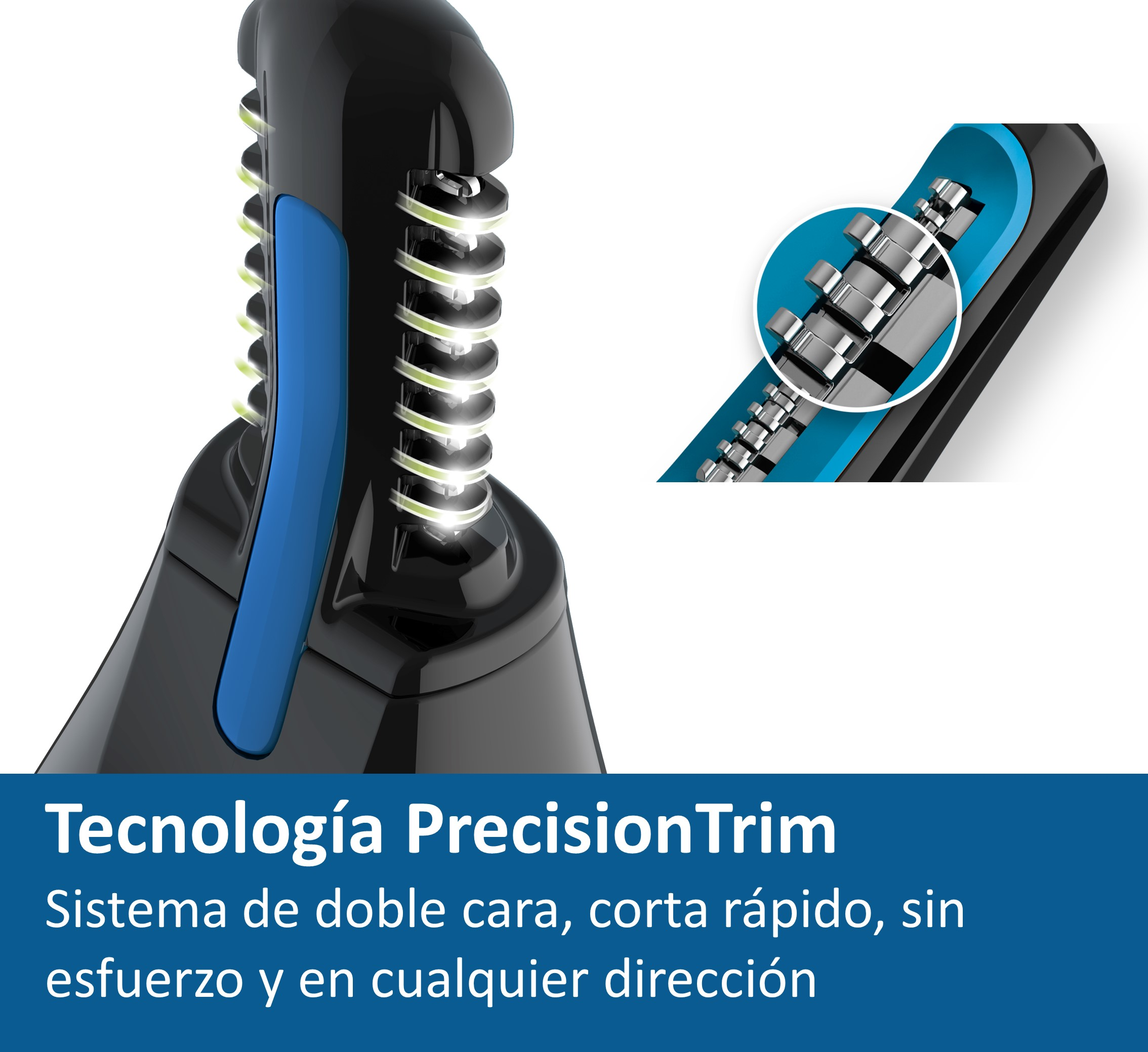 Primer plano de un dispositivo de aseo negro y azul. Texto: Tecnología PrecisionTrim.