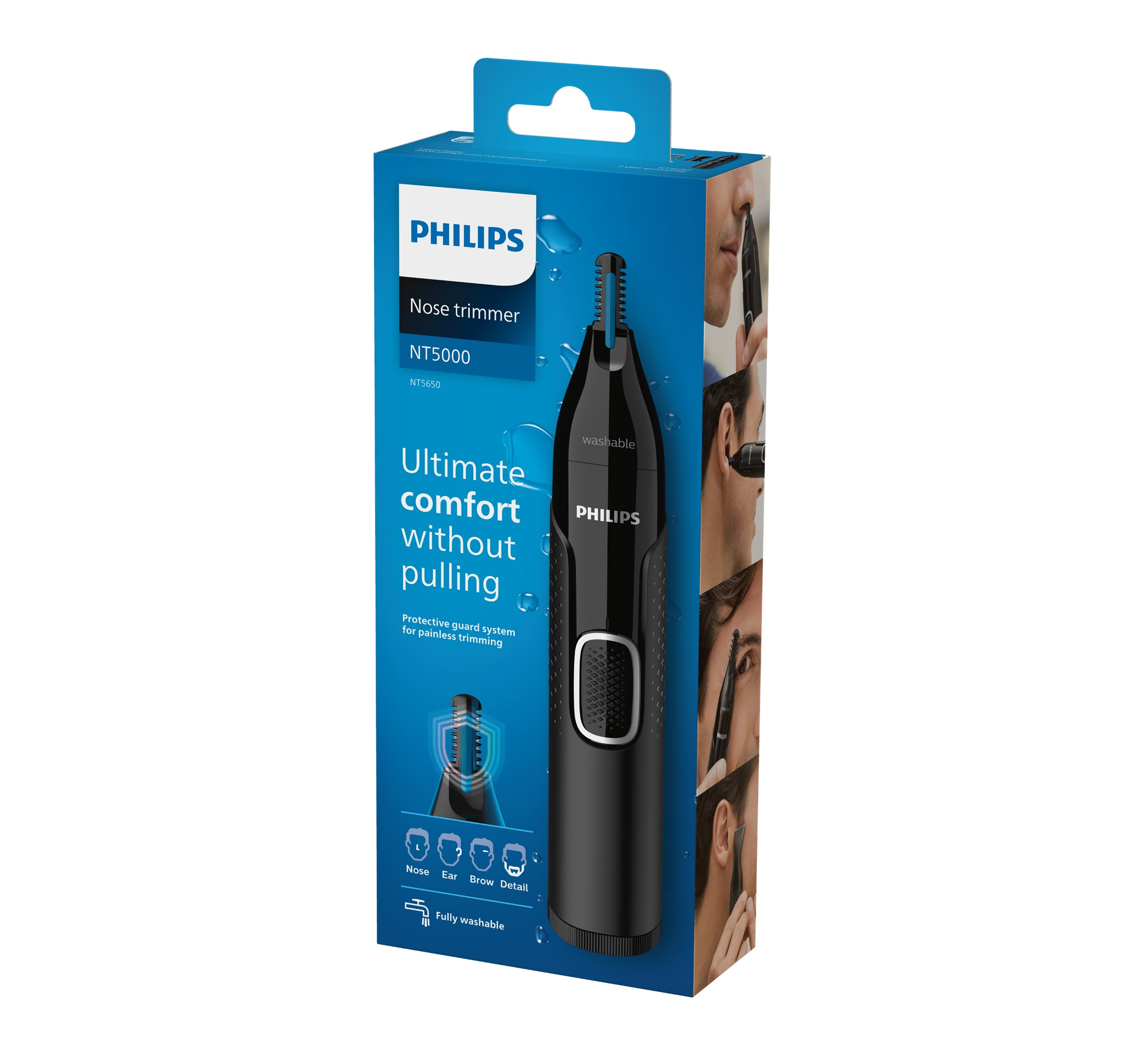 Recortador nasal Philips negro y azul sobre fondo blanco.