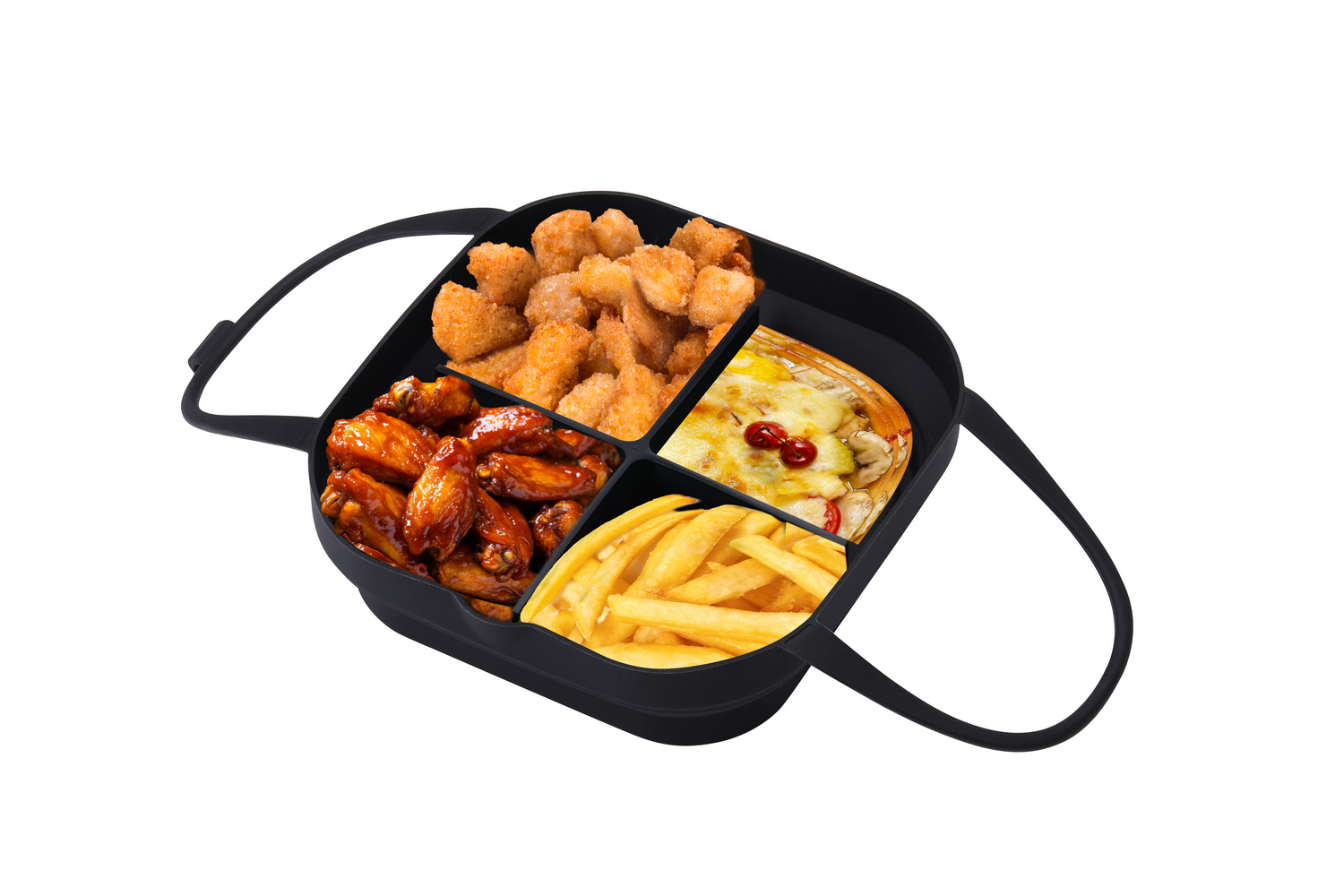 Contenedor negro con cuatro compartimentos. Contiene comida frita: pollo, papas, pizza y camarones.