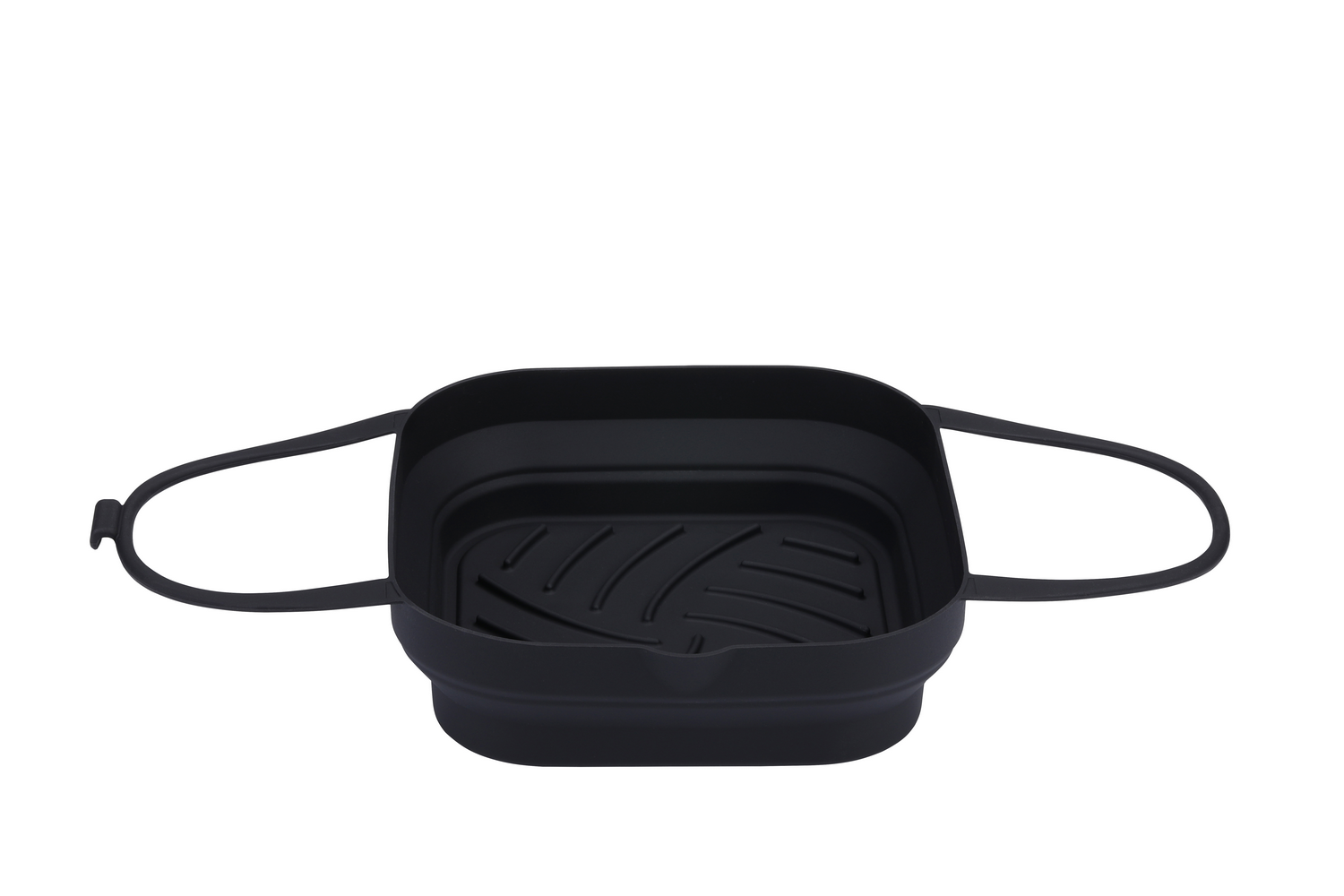 Contenedor negro, cuadrado, plegable con asas, fondo blanco.