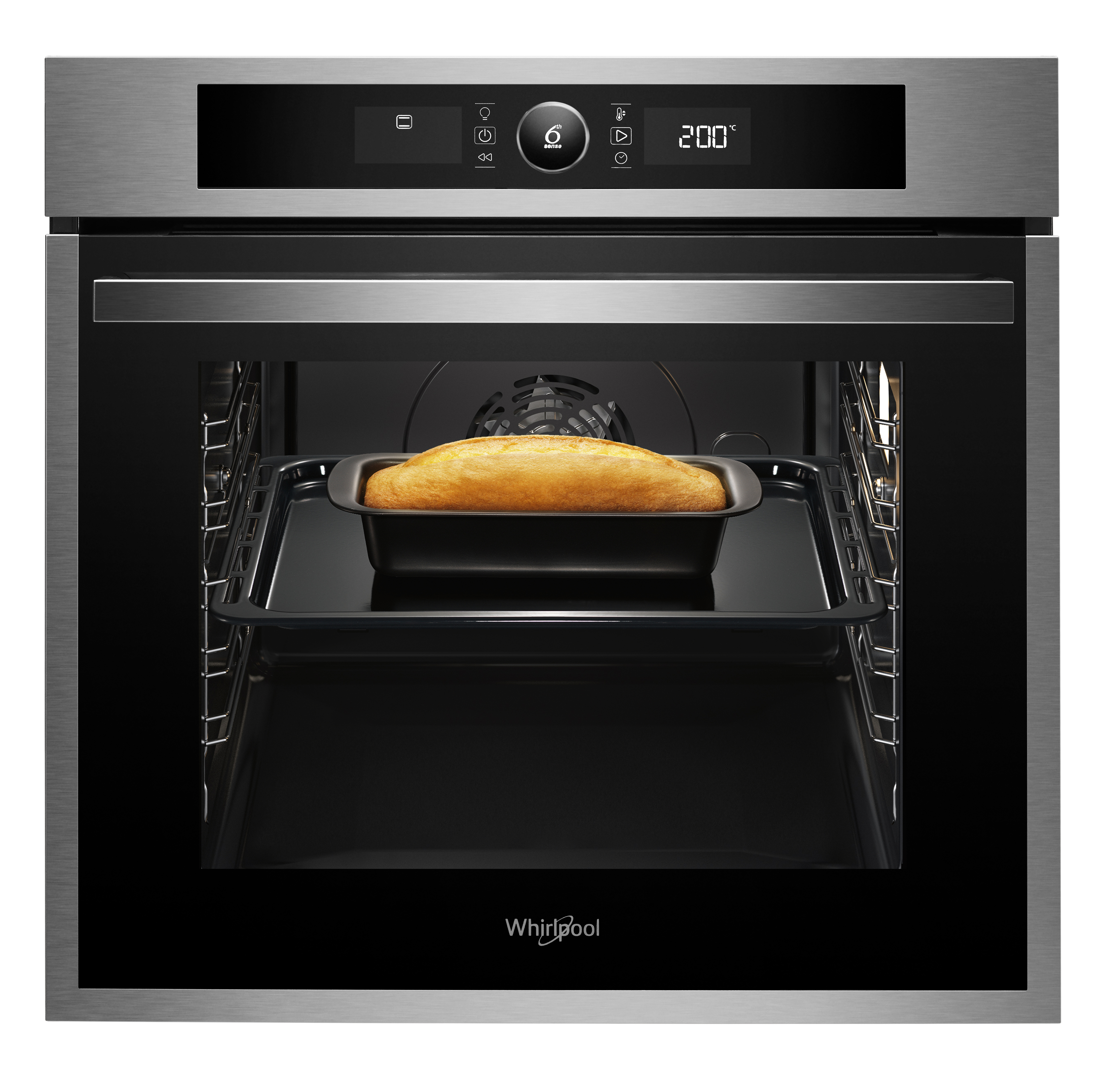Horno de acero inoxidable con la puerta abierta, una bandeja con pan horneado dentro.