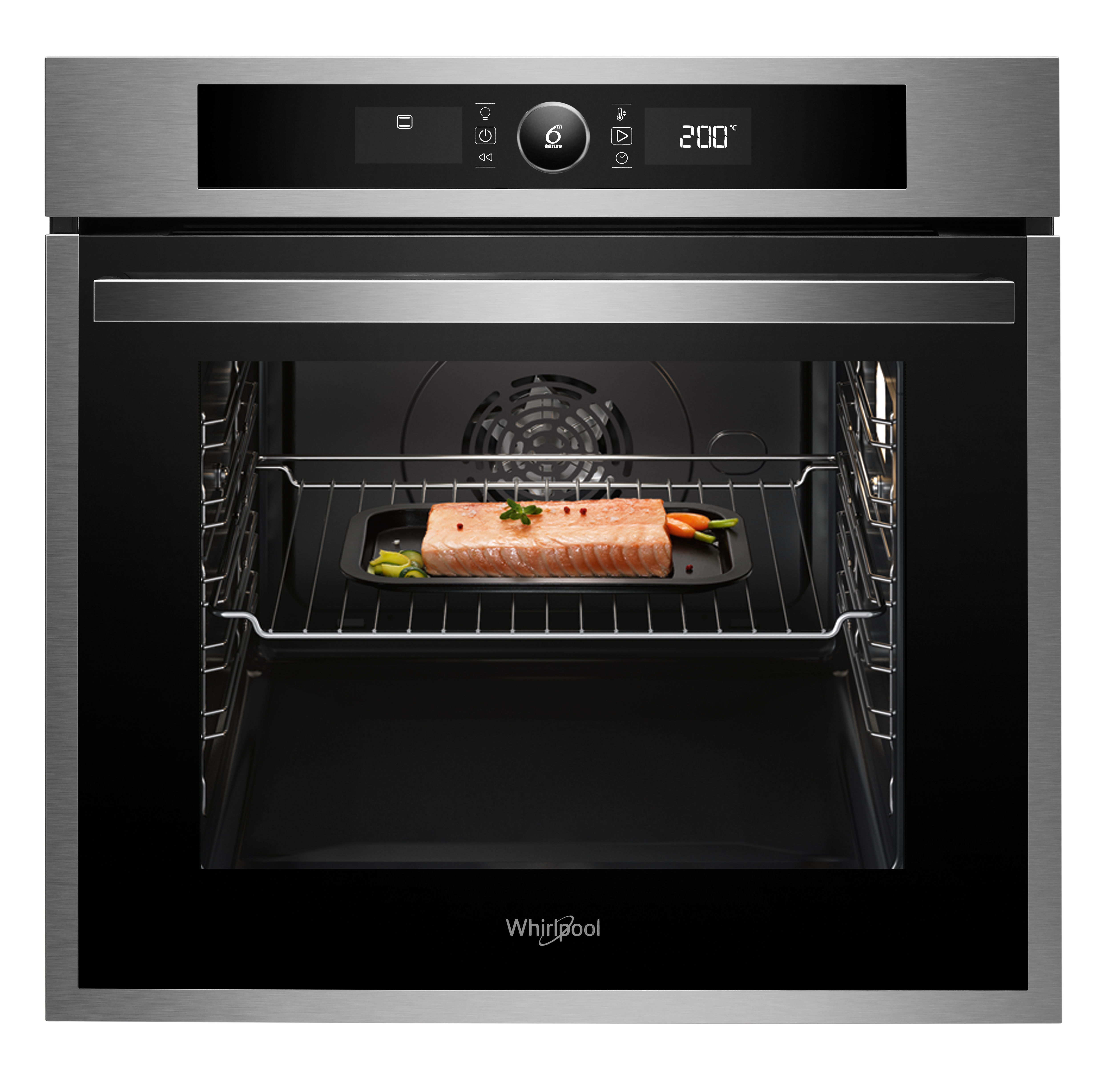 Horno de acero inoxidable con bandeja de comida y pantalla digital de temperatura.
