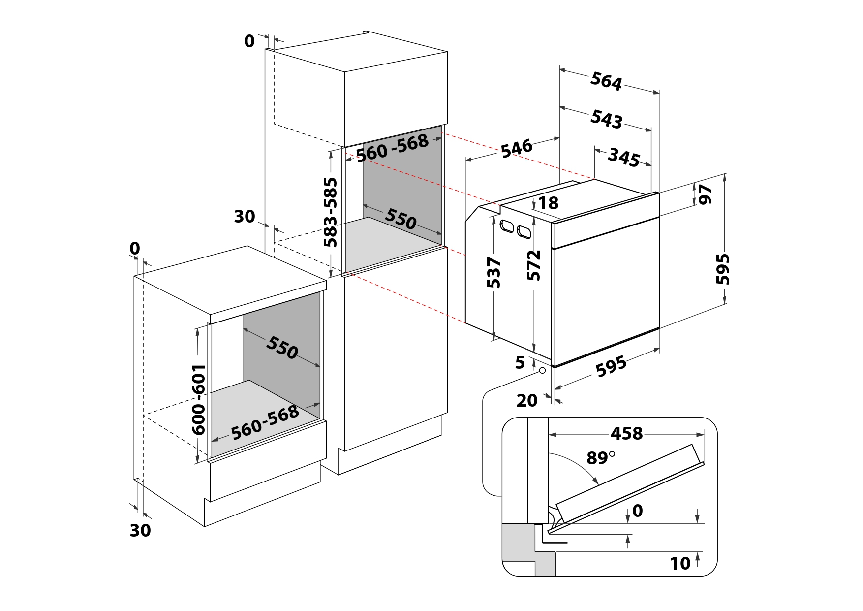 Diagrama de horno empotrado y dimensiones del armario con medidas.