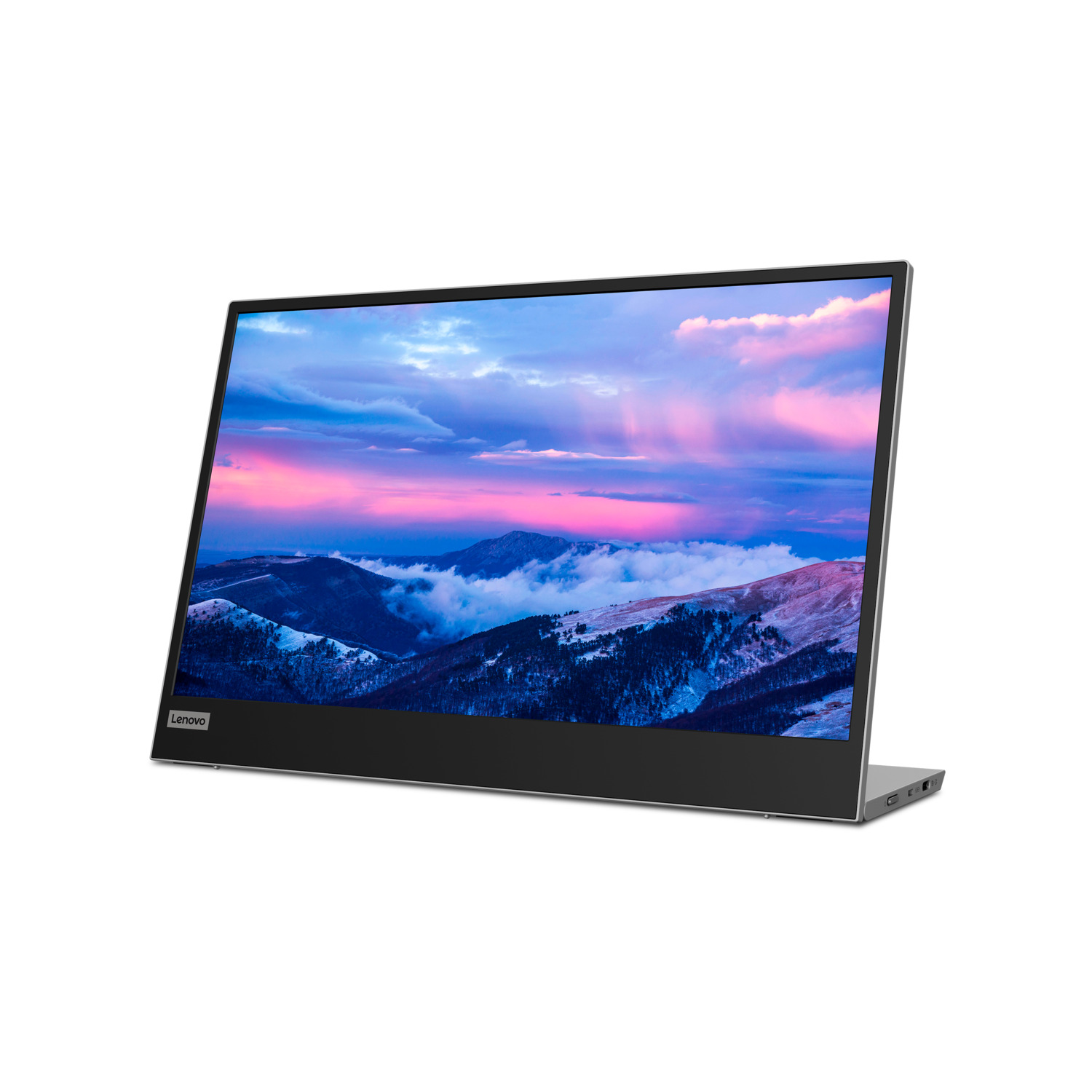 Laptop on white, screen displaying a colorful landscape.