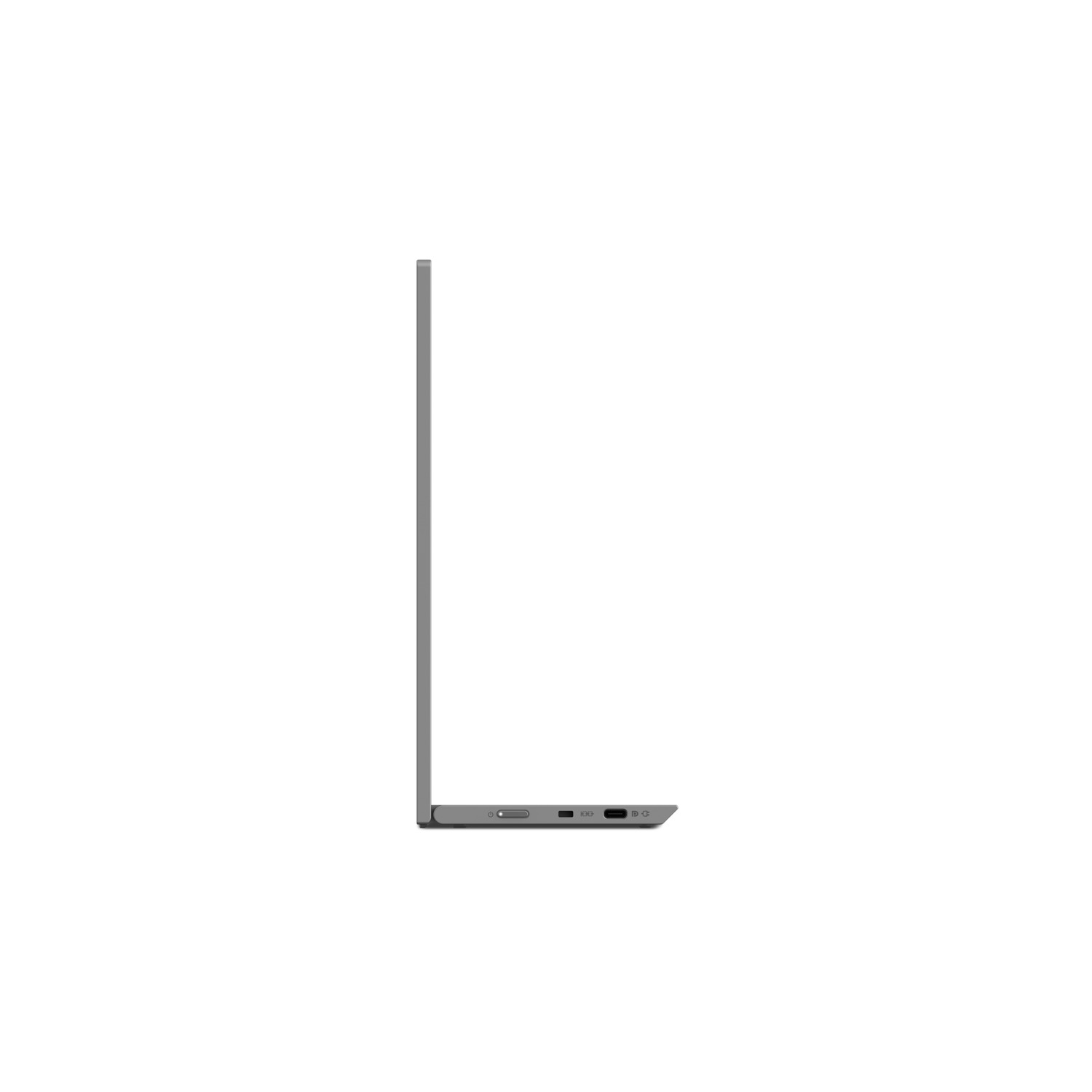 Side view of a gray laptop. It is closed, with ports visible on the side.