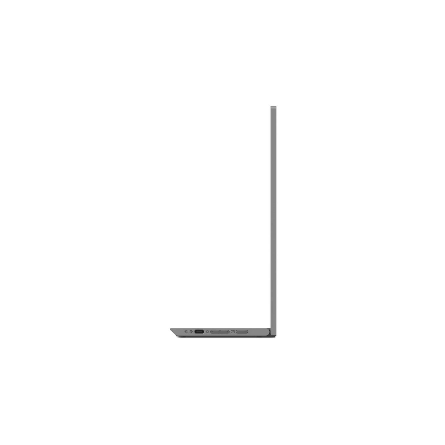 Side view of a gray laptop. It is on a white background. USB ports are visible.
