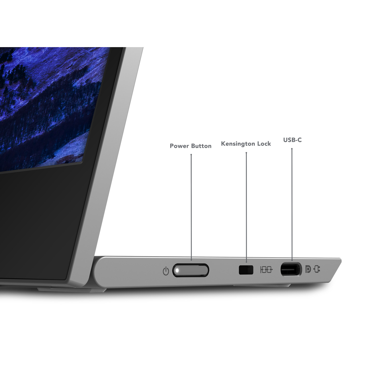 Close-up of a laptop's side with power button, Kensington lock, and USB-C port.