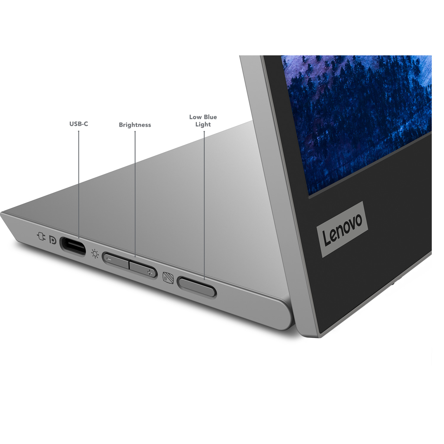 Laptop side view, with USB-C, brightness, and low blue light ports labeled on the side.