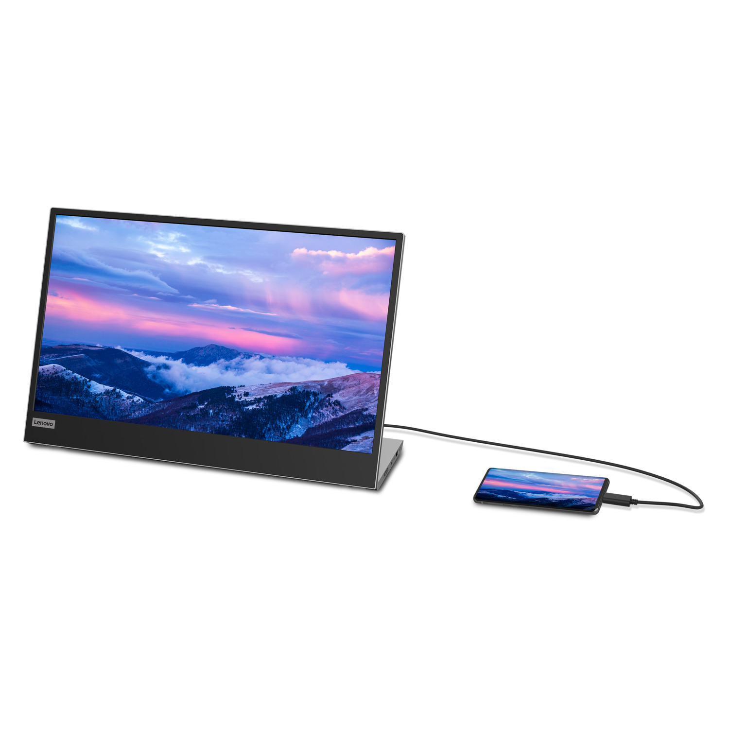 Portable monitor with phone connected, displaying landscape, white background.