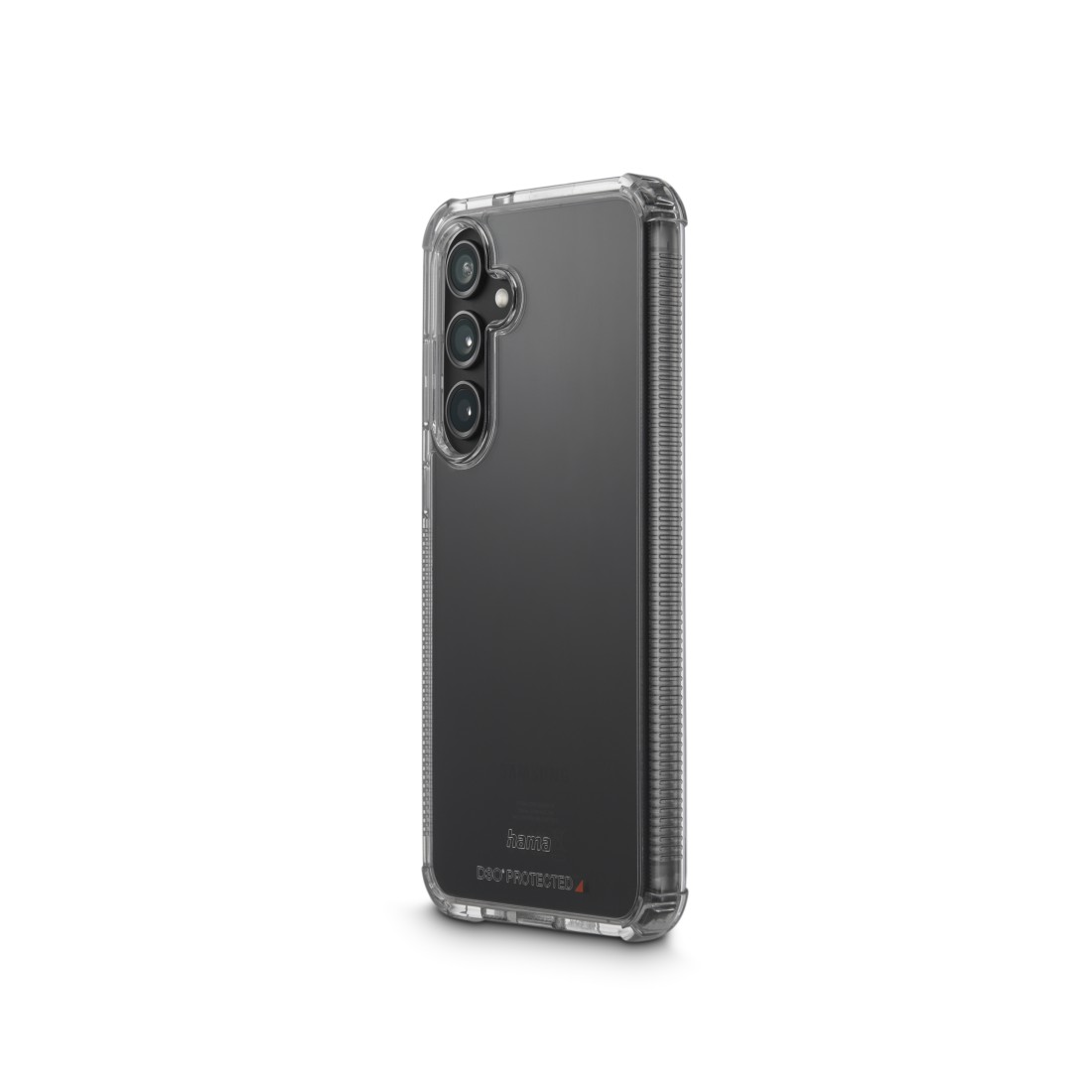Eine transparente Handyhülle mit einem schwarzen Telefon darin. Das Telefon hat drei Kameras.