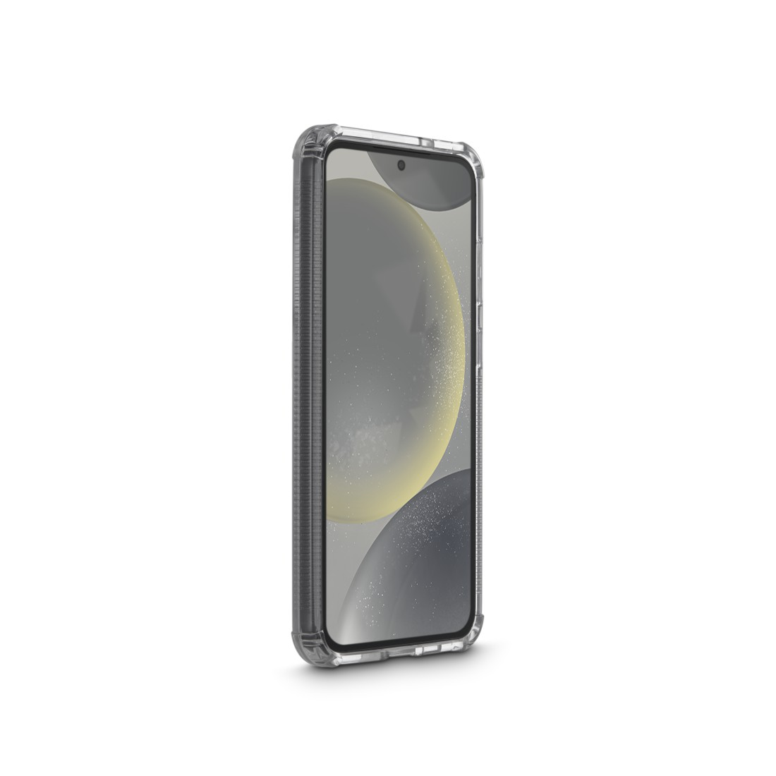 Ein Smartphone in einer transparenten Schutzhülle steht aufrecht und zeigt seinen Bildschirm.