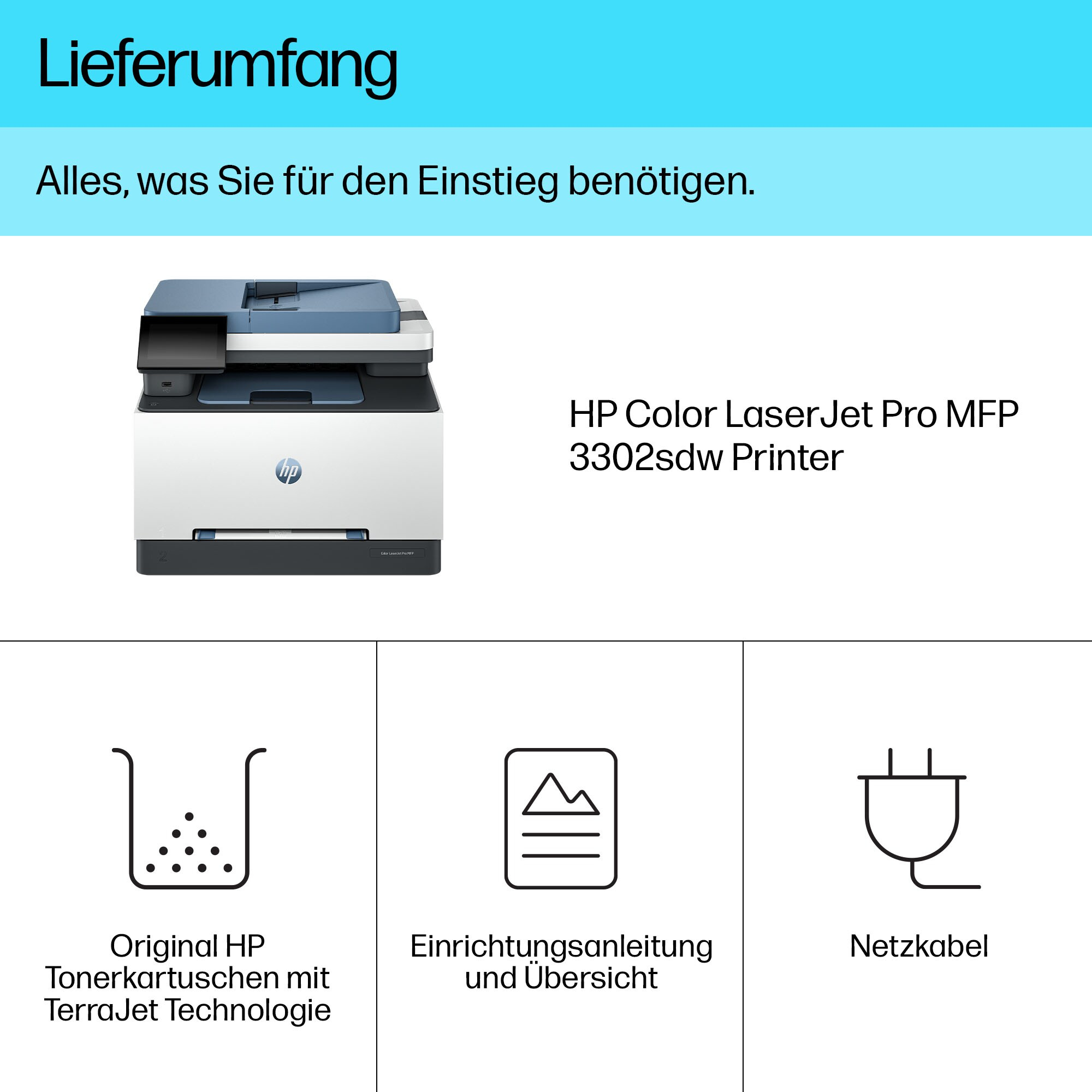 Ein Bild mit Symbolen für eine Tonerkartusche, eine Einrichtungshilfe und ein Netzkabel, alles für den HP Color LaserJet.