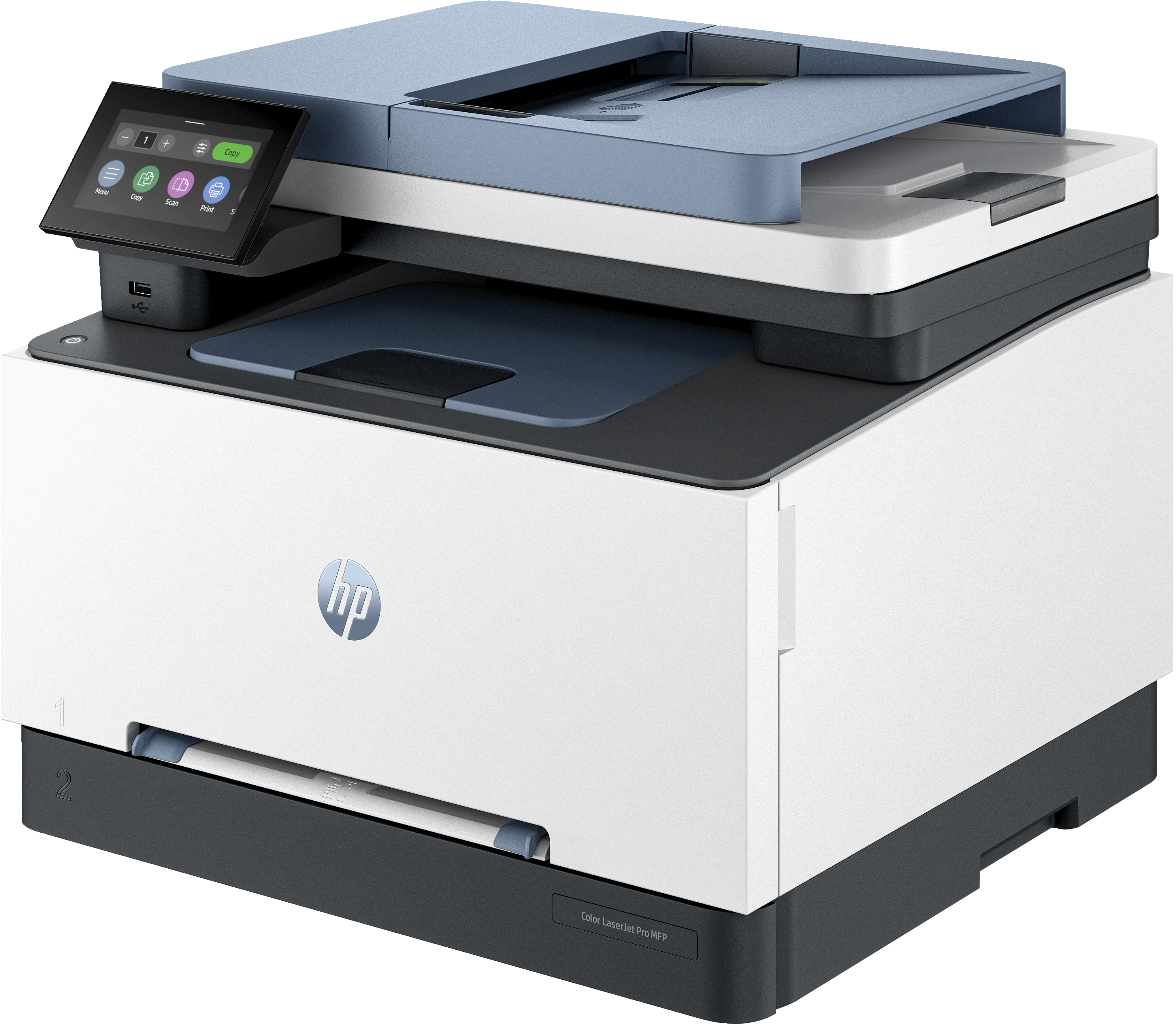 Ein weißer und blauer HP Farblaserdrucker mit einem LCD-Bildschirm.
