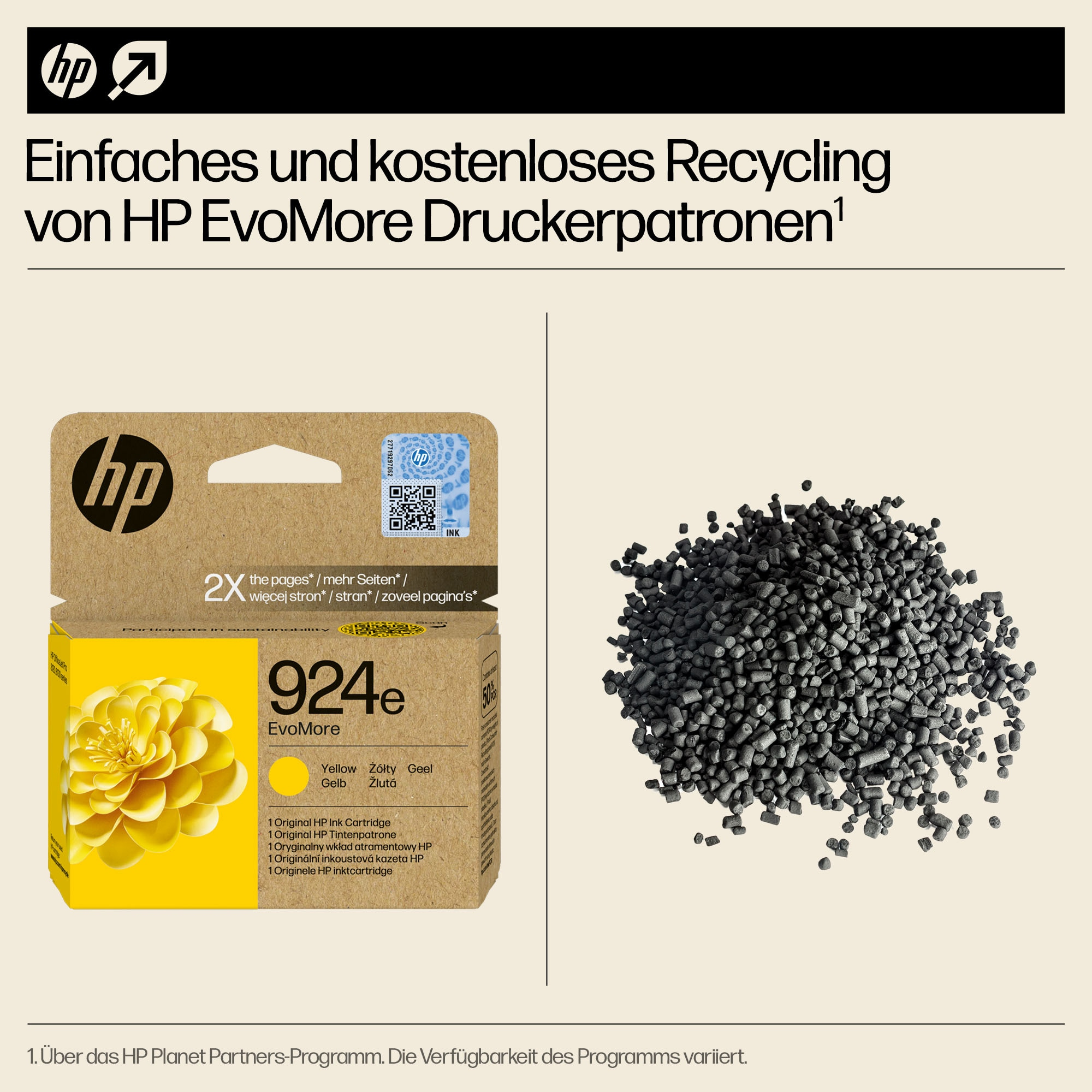 HP-Druckerpatronenbox mit gelber Tinte. Daneben ein Haufen schwarzes, körniges Recyclingmaterial.