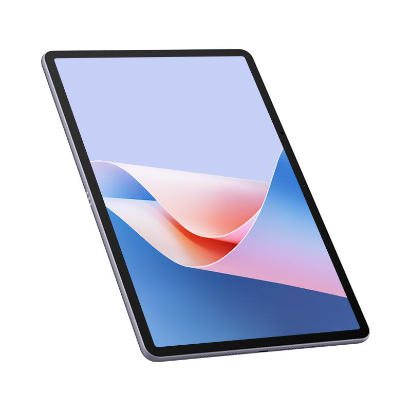 Tablet mit einem Bildschirm, der ein farbenfrohes abstraktes Design zeigt, vor weißem Hintergrund.
