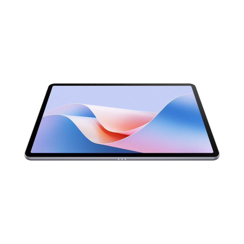 Tablet mit Bildschirm, der ein abstraktes Muster in Pink und Blau auf weißem Hintergrund zeigt.