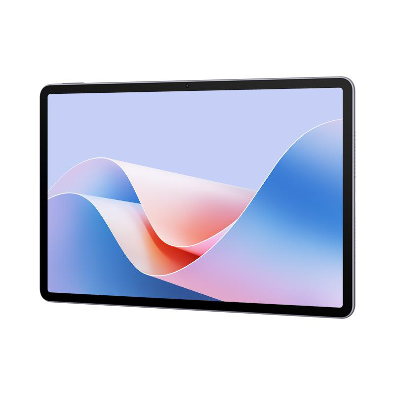 Ein schwarzes Tablet mit einem großen Bildschirm, der ein blaues und weißes abstraktes Wellendesign zeigt.