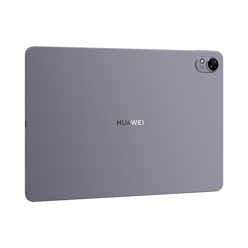 Ein grauer Tablet-Computer mit Huawei-Logo und Rückkamera auf weißem Hintergrund.