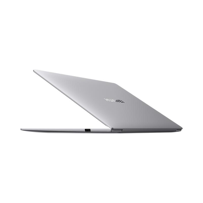 Silberner Laptop, leicht geöffnet, auf weißem Hintergrund.